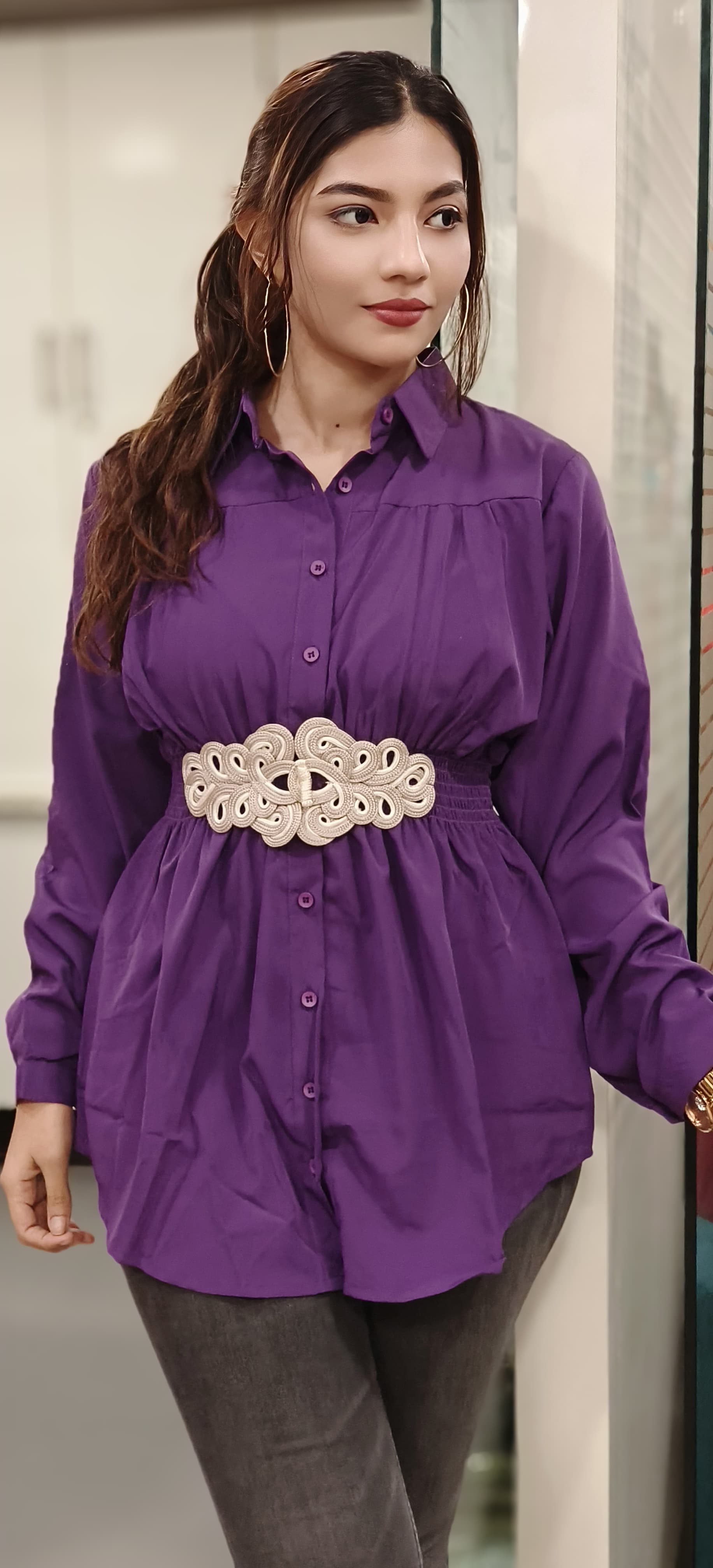 Solid Collared Shirts With Middle Belt