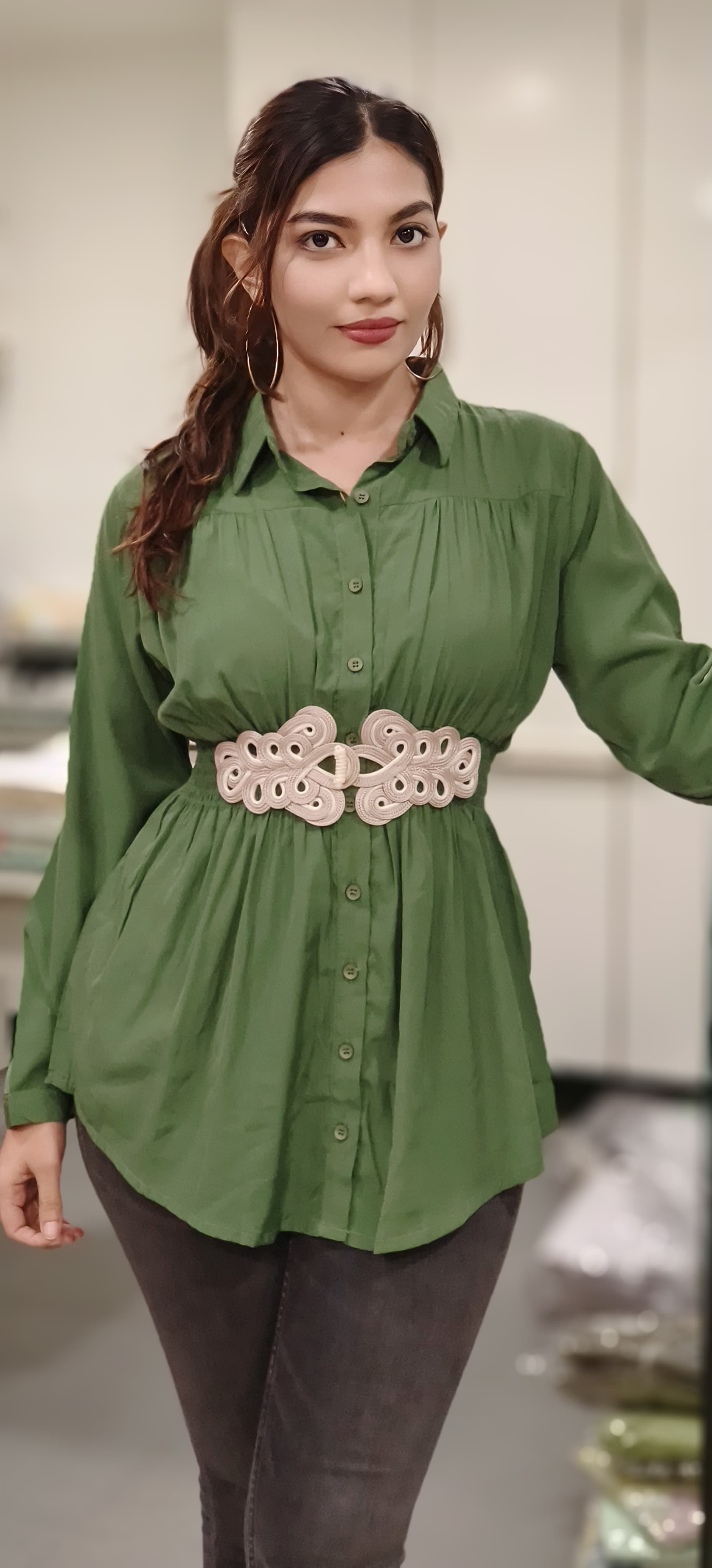 Solid Collared Shirts With Middle Belt
