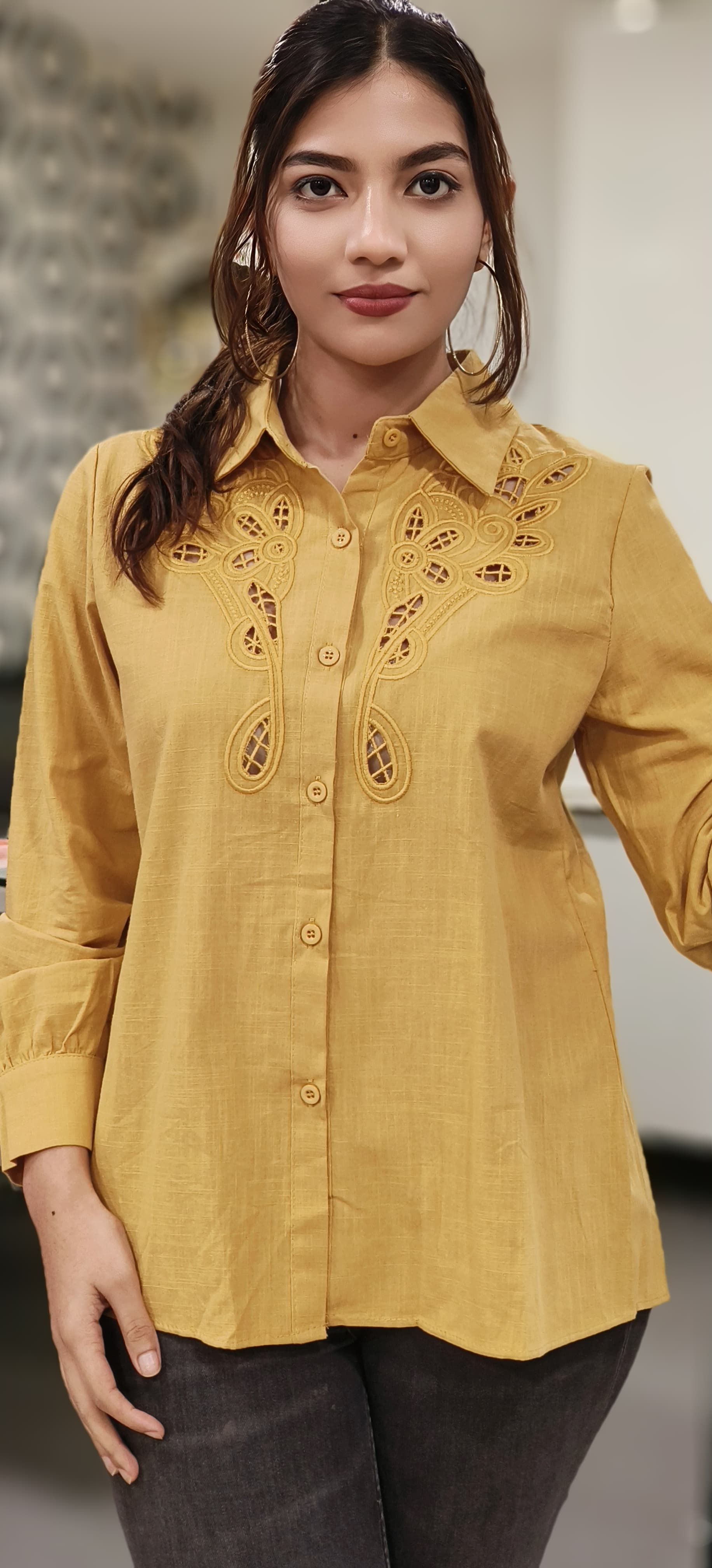 Cut Work With Embroidery Collared Solid Shirt