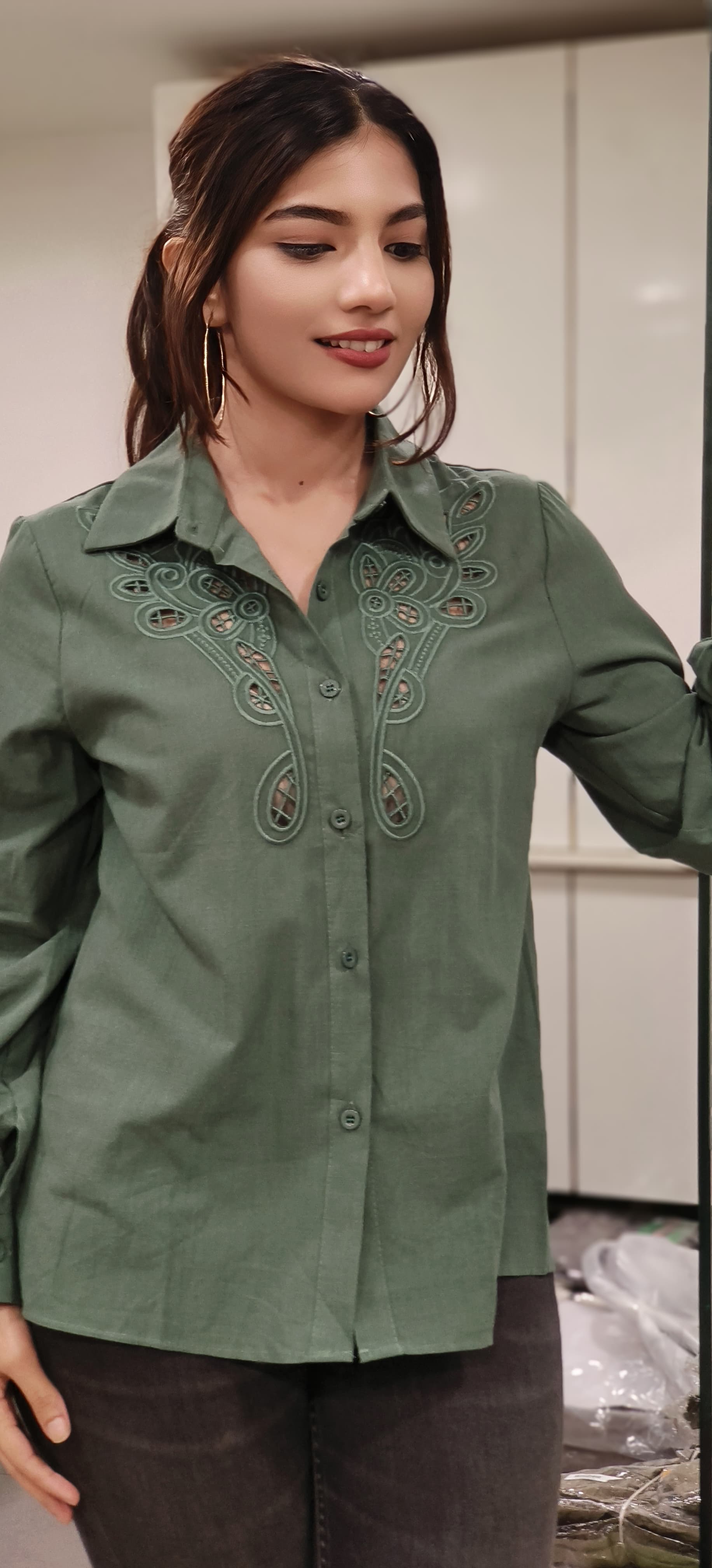 Cut Work With Embroidery Collared Solid Shirt