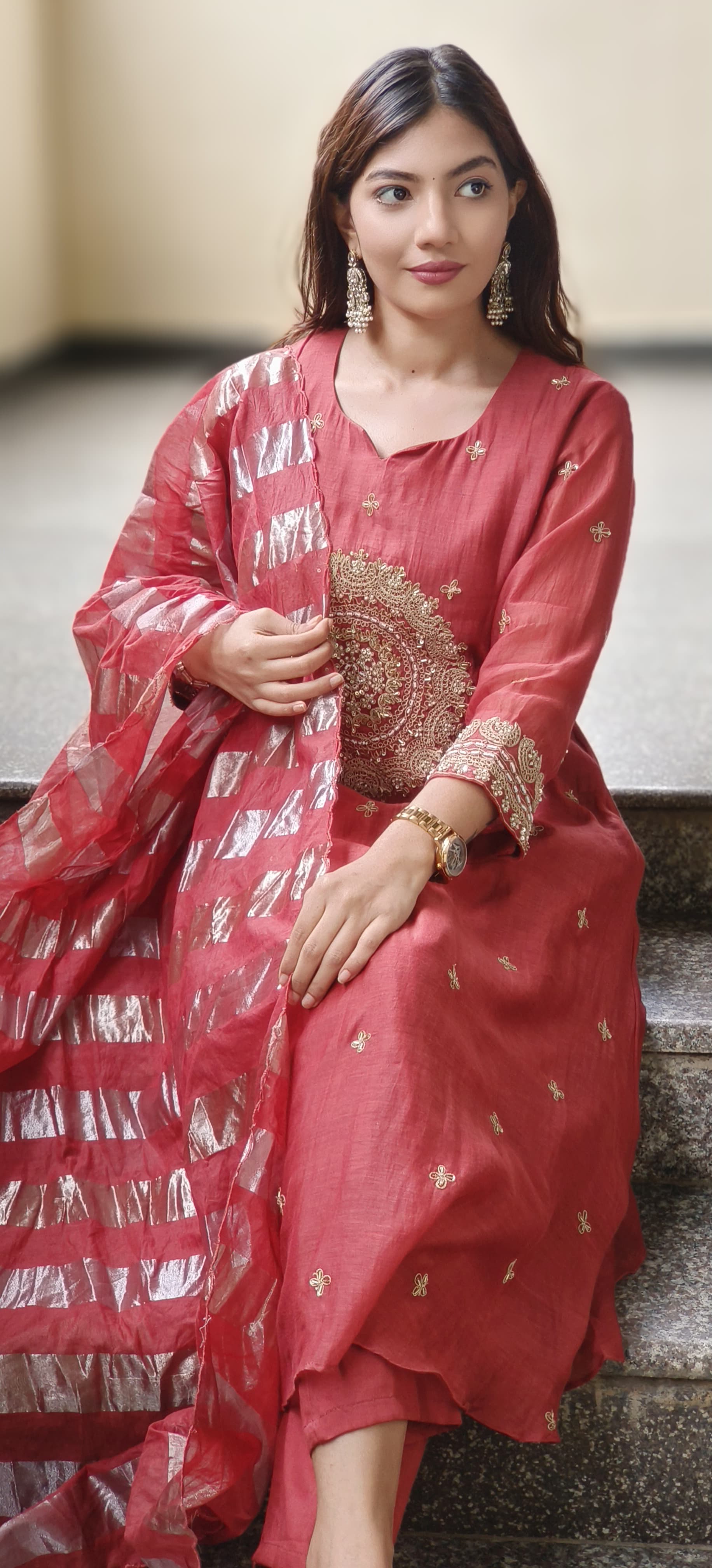 Beautiful Heavy Handwork A-Line Kurta With Bottom In Pure Mul-Chanderi Fabric & Tissue Dupatta