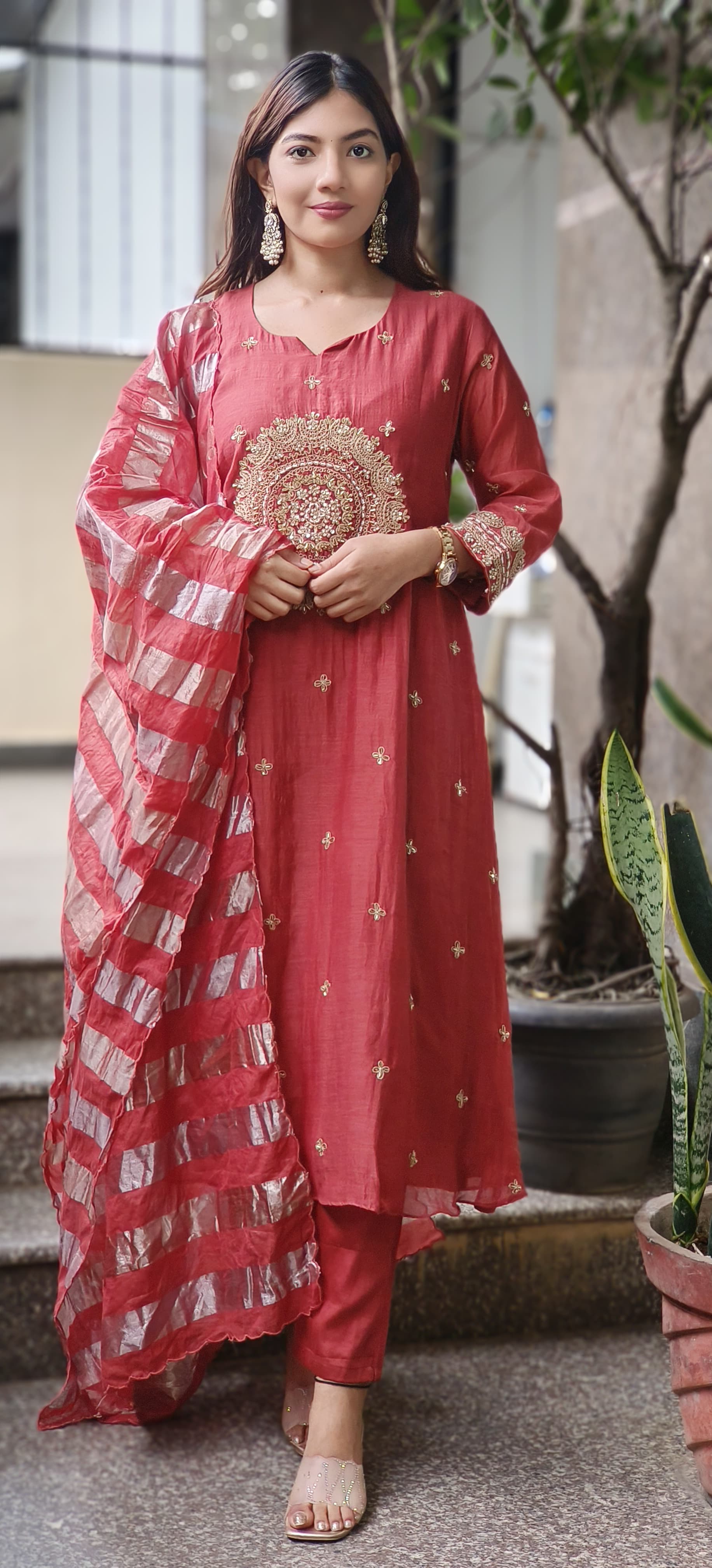 Beautiful Heavy Handwork A-Line Kurta With Bottom In Pure Mul-Chanderi Fabric & Tissue Dupatta