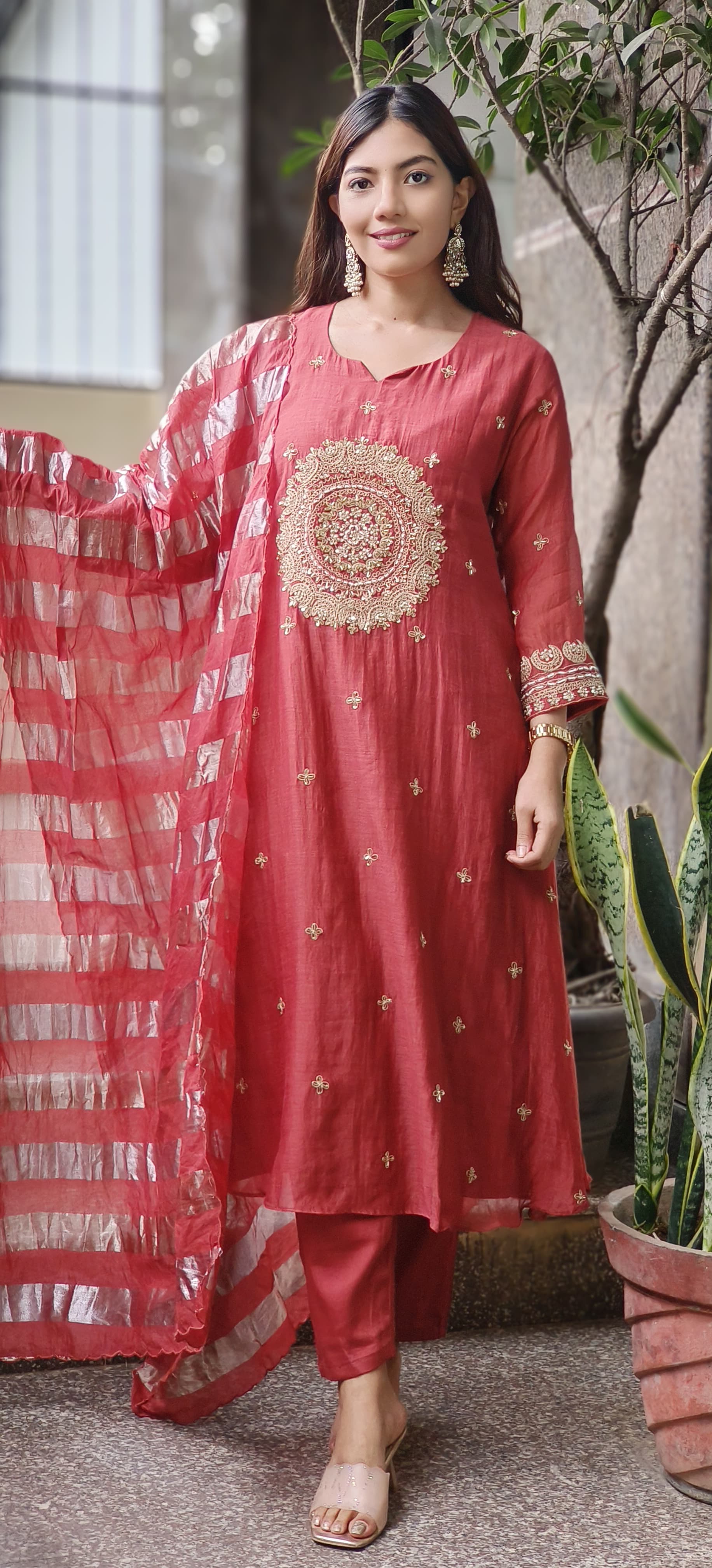 Beautiful Heavy Handwork A-Line Kurta With Bottom In Pure Mul-Chanderi Fabric & Tissue Dupatta