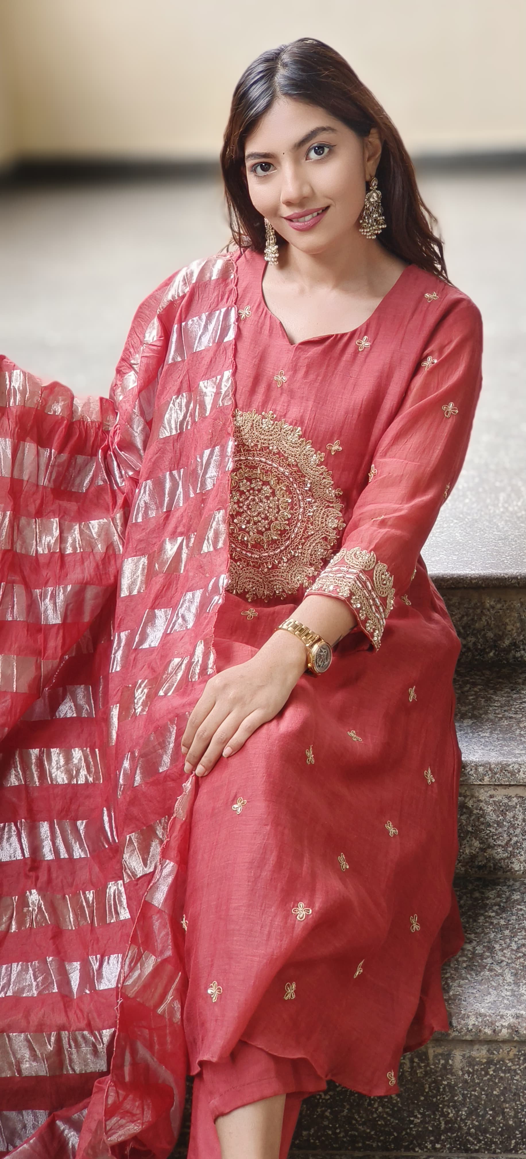 Beautiful Heavy Handwork A-Line Kurta With Bottom In Pure Mul-Chanderi Fabric & Tissue Dupatta