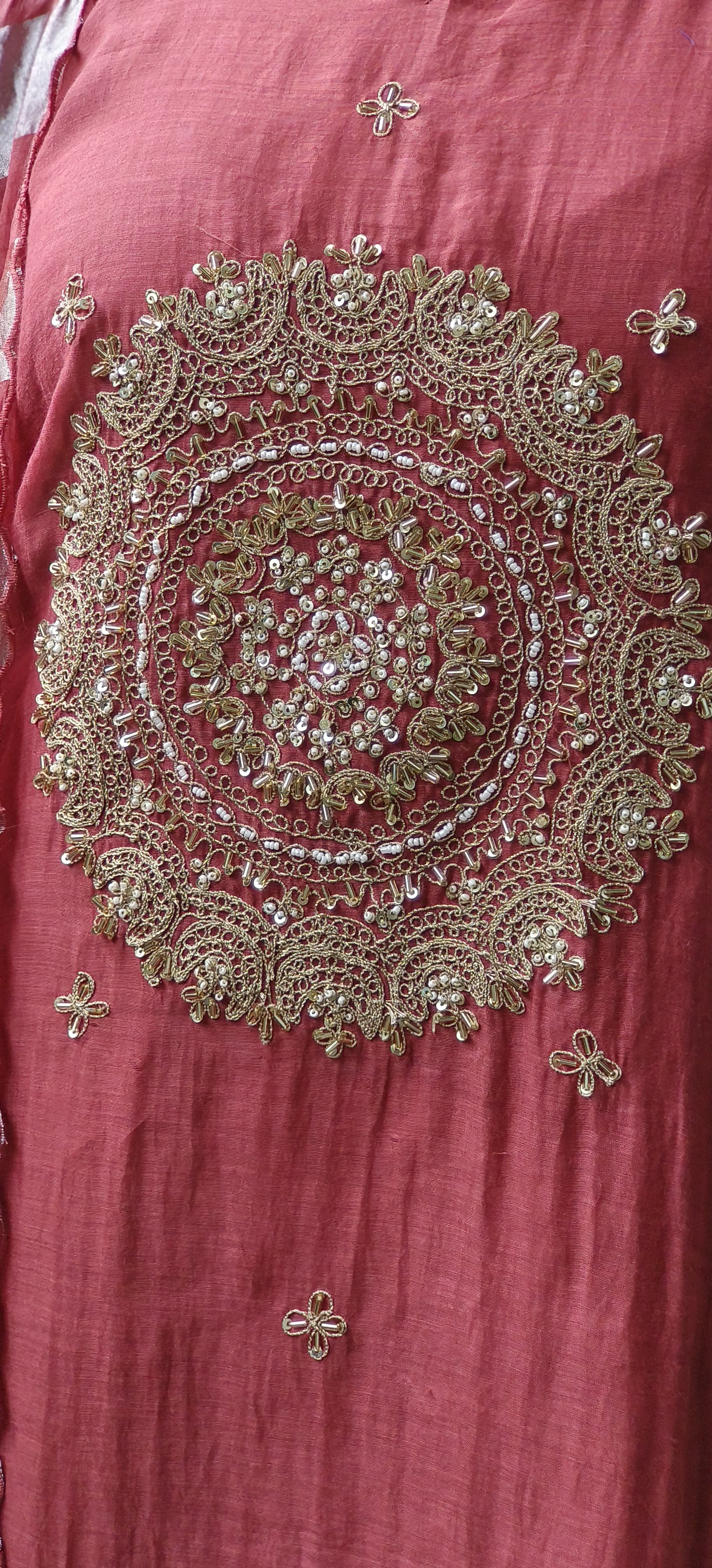 Beautiful Heavy Handwork A-Line Kurta With Bottom In Pure Mul-Chanderi Fabric & Tissue Dupatta