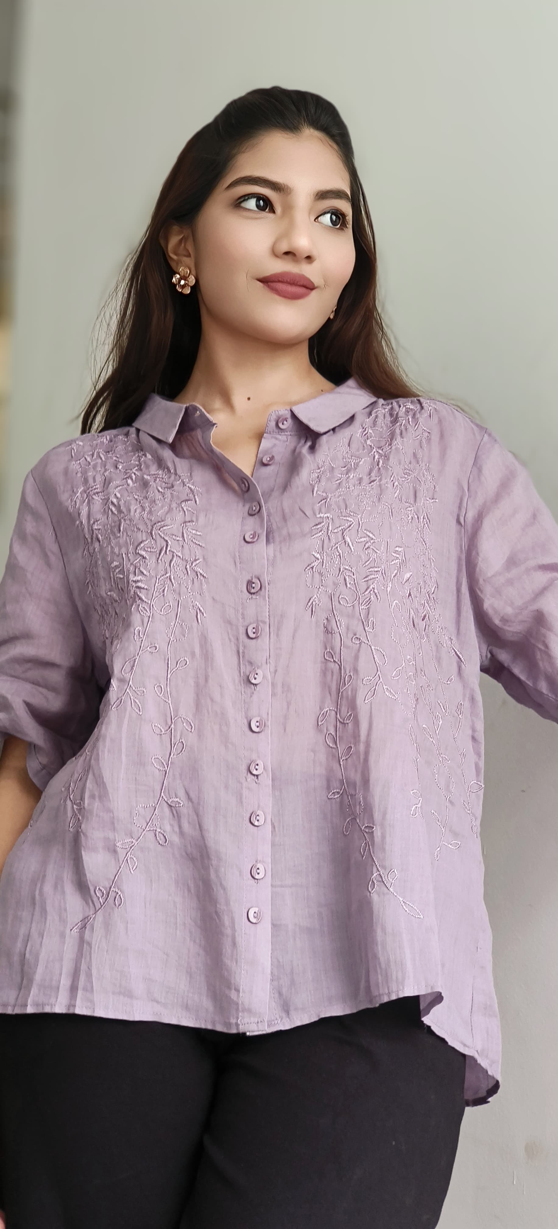 Pure Linen Embroidered Casual Shirt