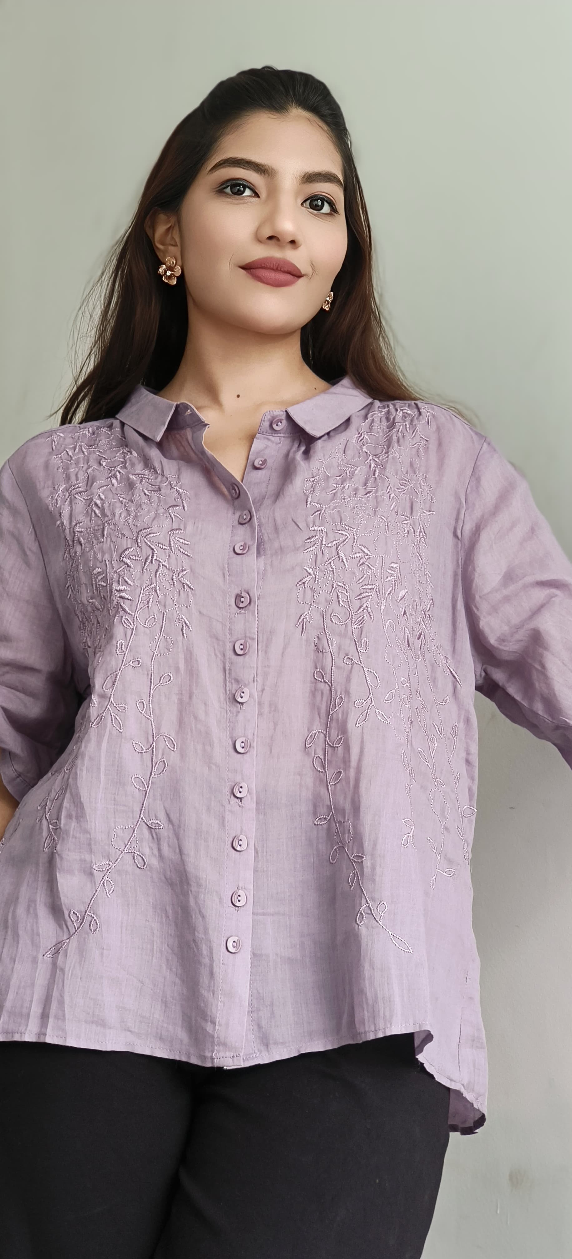 Pure Linen Embroidered Casual Shirt