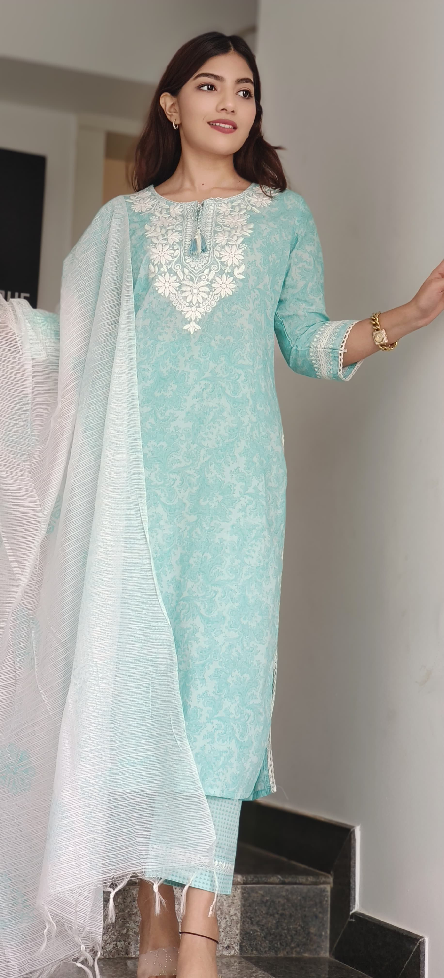 Chikankari Look Embroidered Full Suit Set With Dupatta