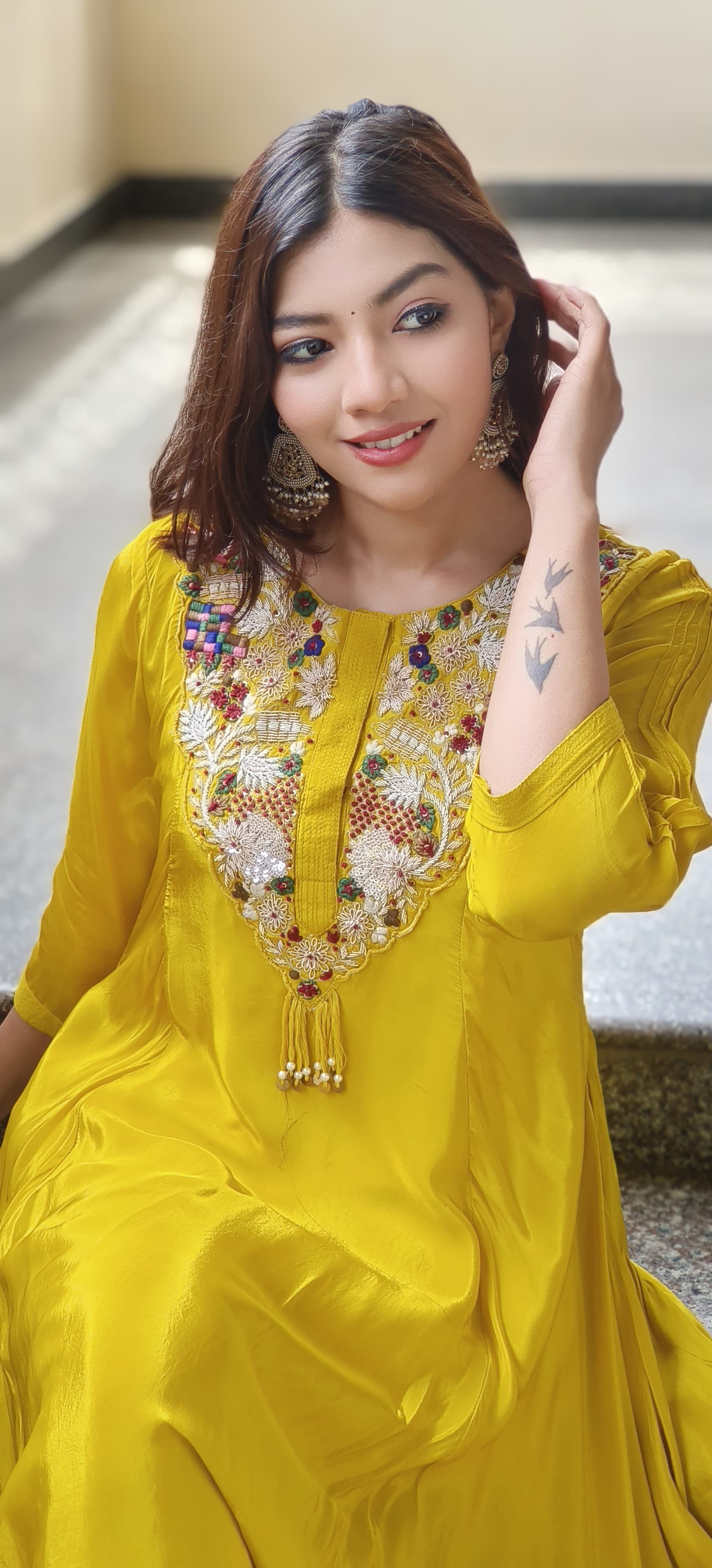 High & Low Flowy Crepe Embroidered Neck Kurta Pant Set In crepe Fabric