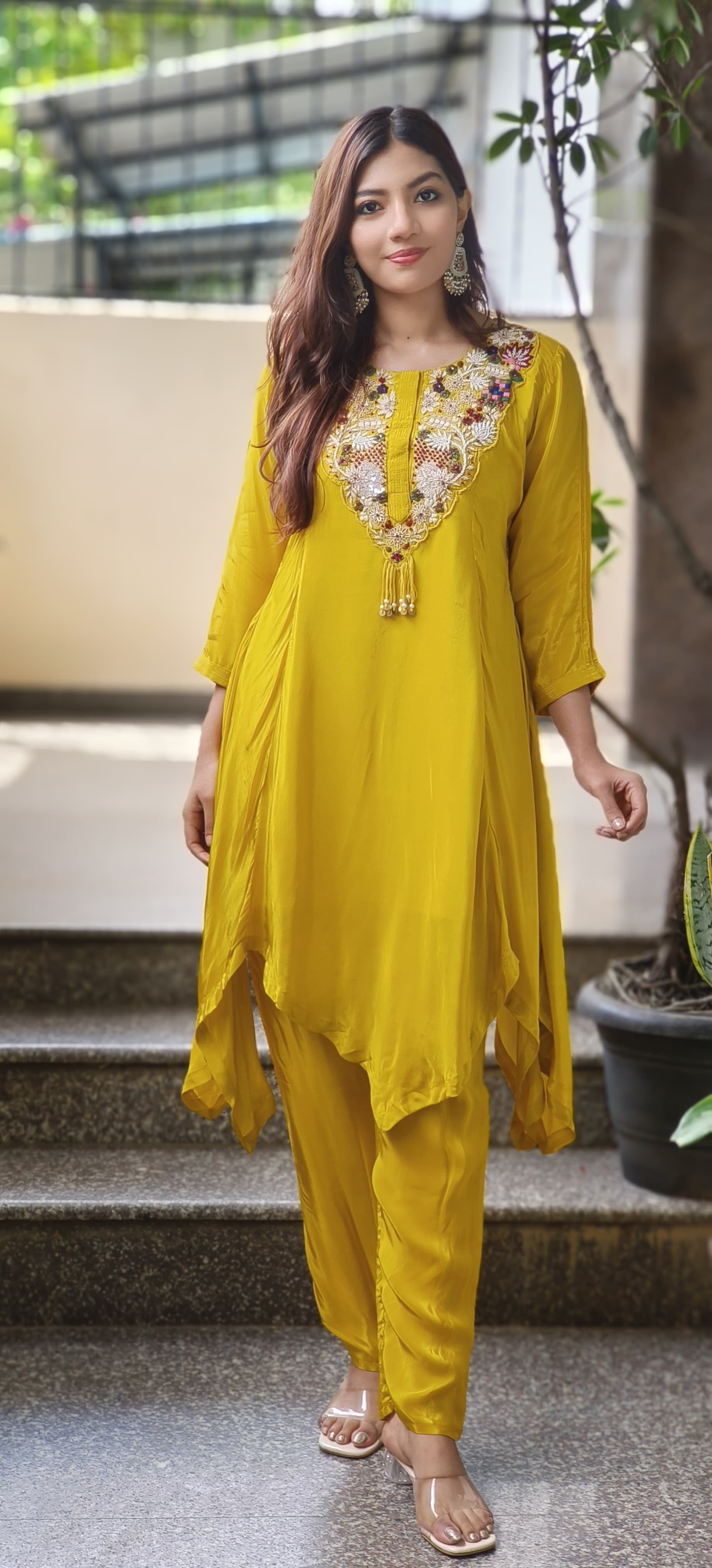 High & Low Flowy Crepe Embroidered Neck Kurta Pant Set In crepe Fabric