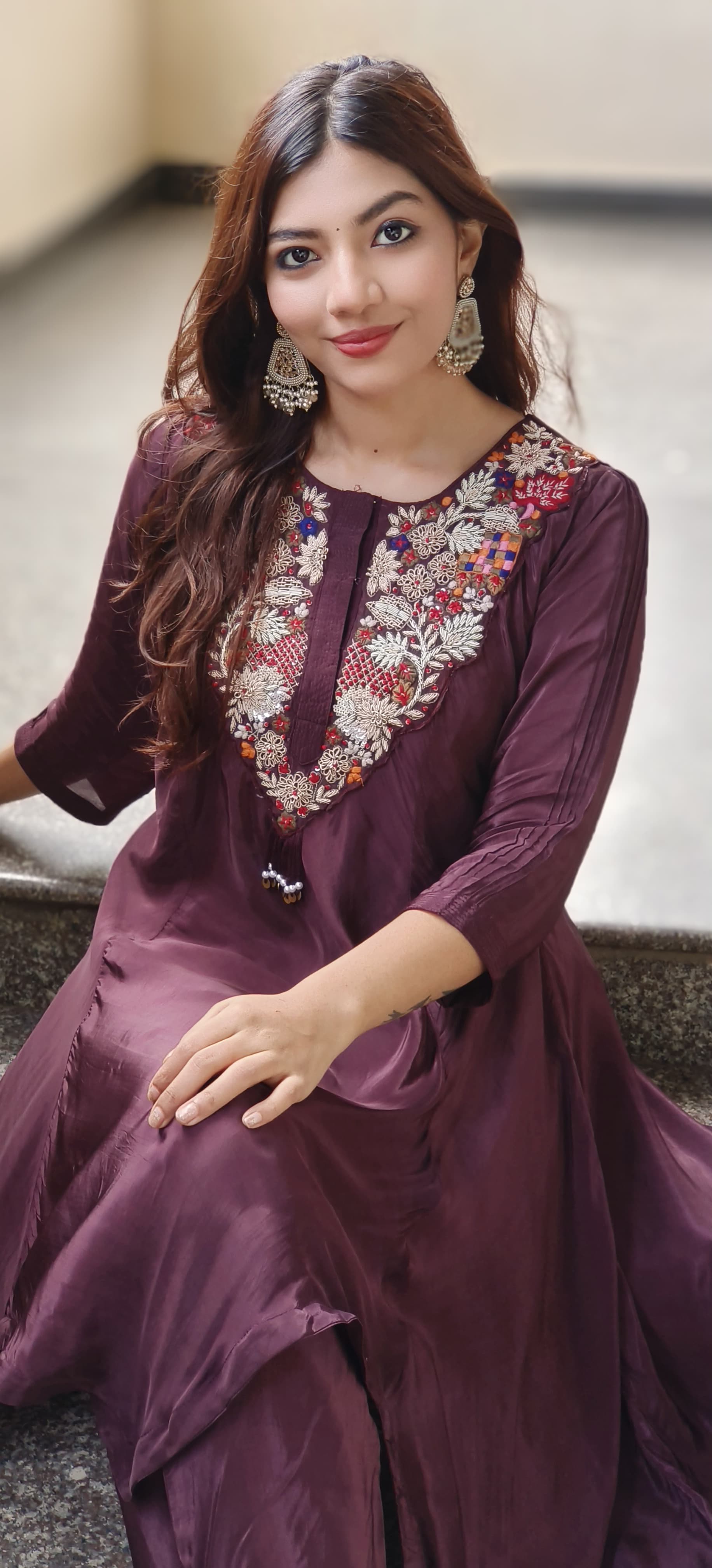High & Low Flowy Crepe Embroidered Neck Kurta Pant Set In crepe Fabric