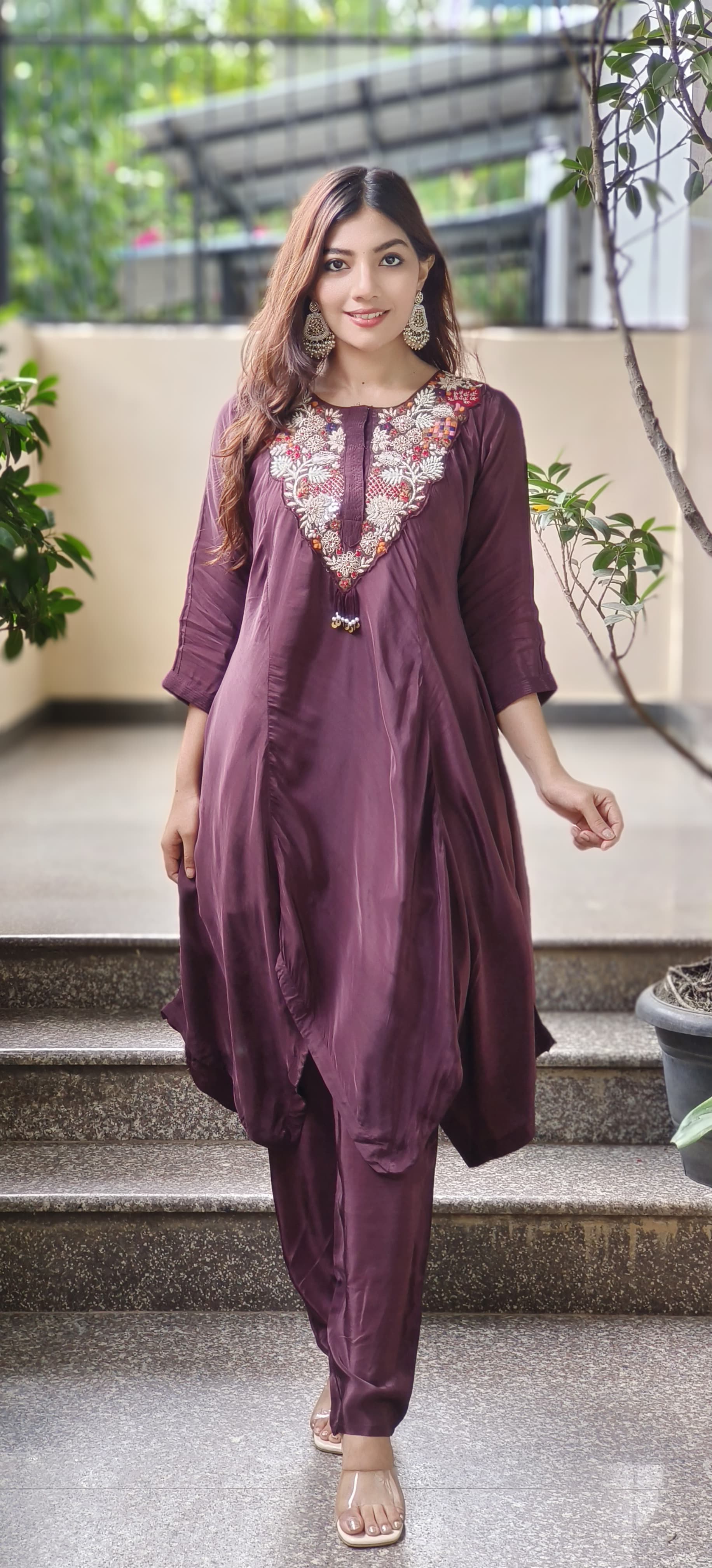 High & Low Flowy Crepe Embroidered Neck Kurta Pant Set In crepe Fabric
