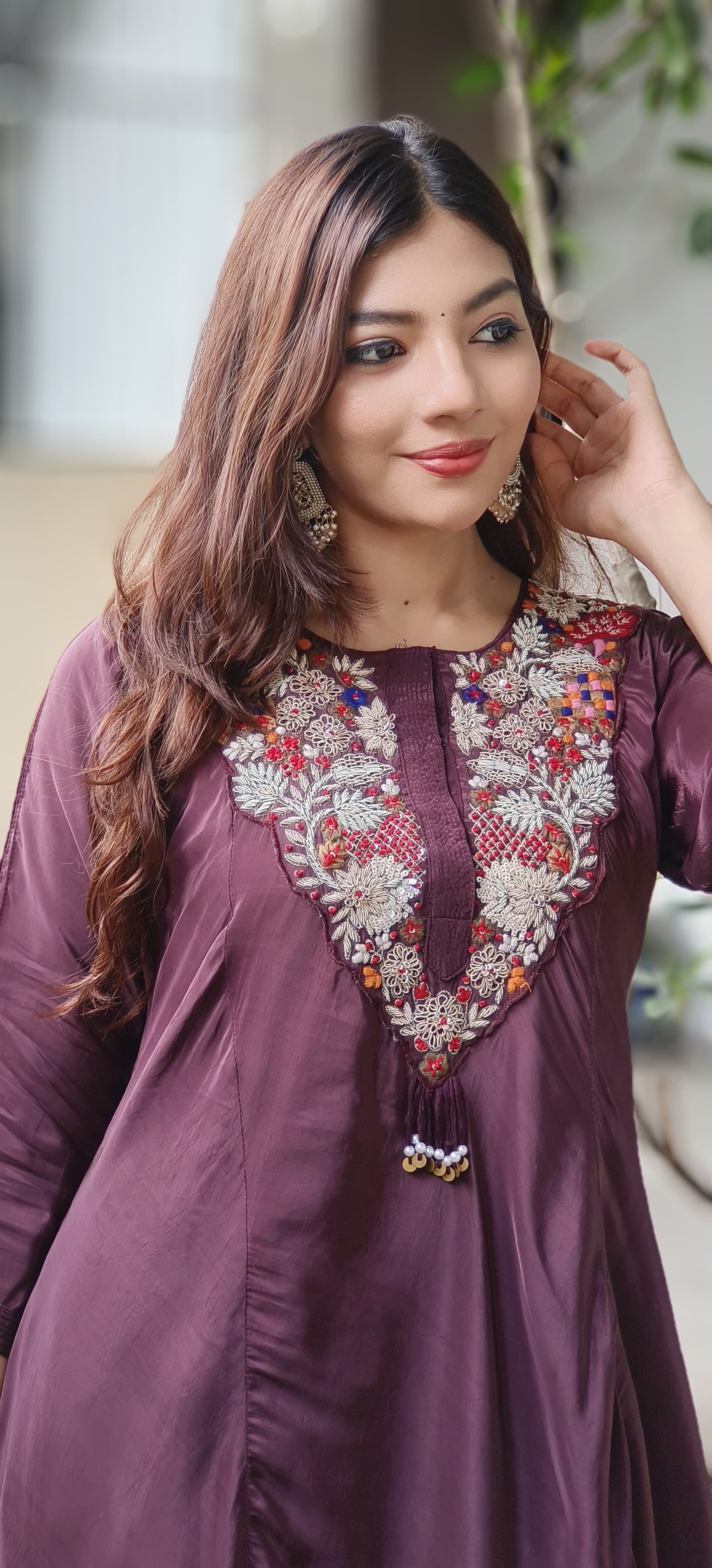 High & Low Flowy Crepe Embroidered Neck Kurta Pant Set In crepe Fabric