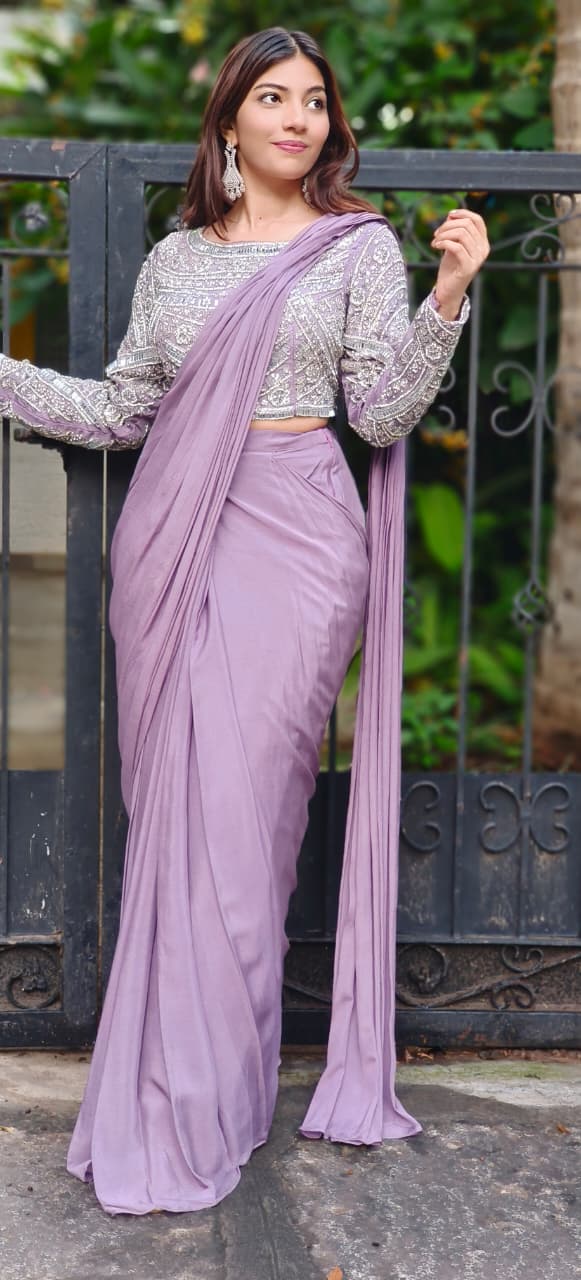 Exquisite Bead-Embellished Full-Sleeve Blouse with Draped Skirt: A Luxe Indo-Western Ensemble for Exclusive Parties