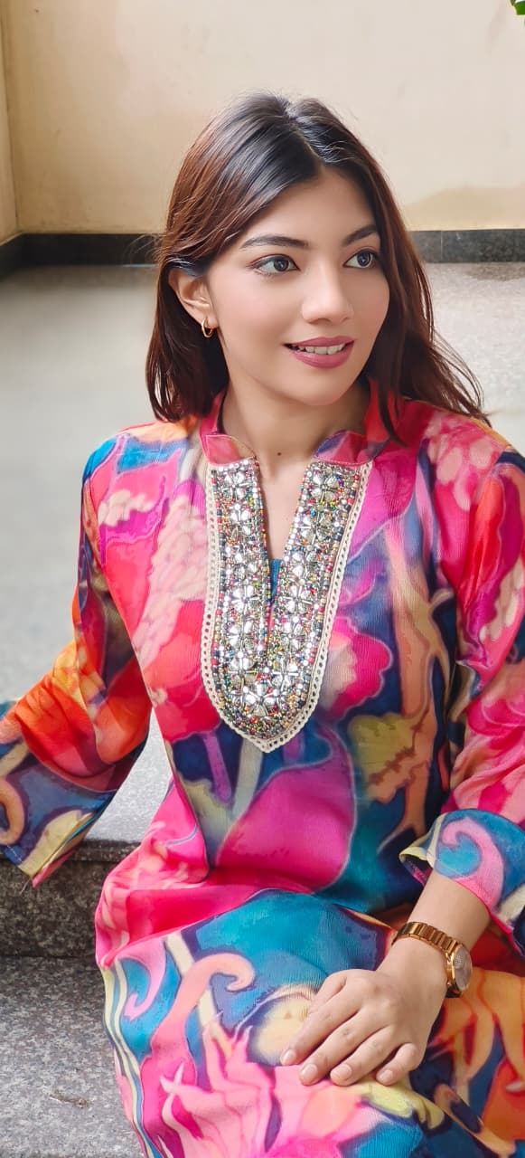 Multicolor Blast Neck Work Chinon Co-Ord Set-10710