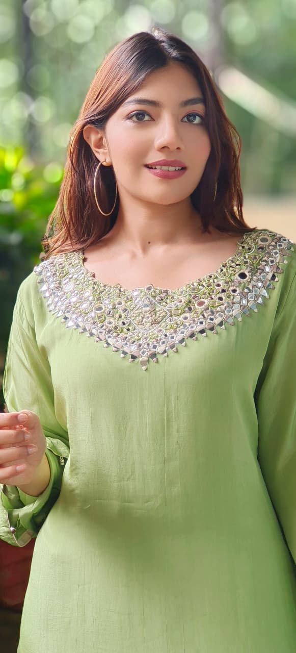 Heavy Handwork Crepe Kurta With Printed Palazzo Bottom