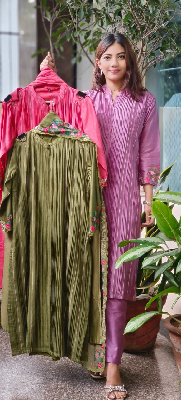 Petal Embroidered Lined Mandarin Collar Straight Full Suit Set With Dupatta In Pure Chanderi Fabric 107610 10762