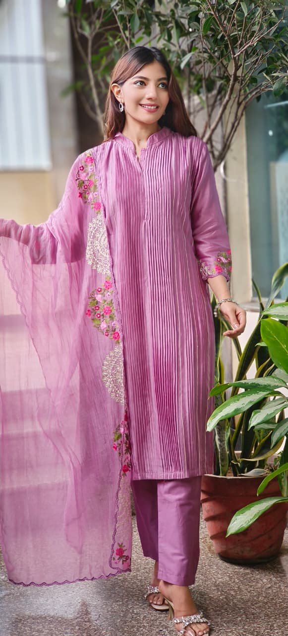 Petal Embroidered Lined Mandarin Collar Straight Full Suit Set With Dupatta In Pure Chanderi Fabric 107610 10762