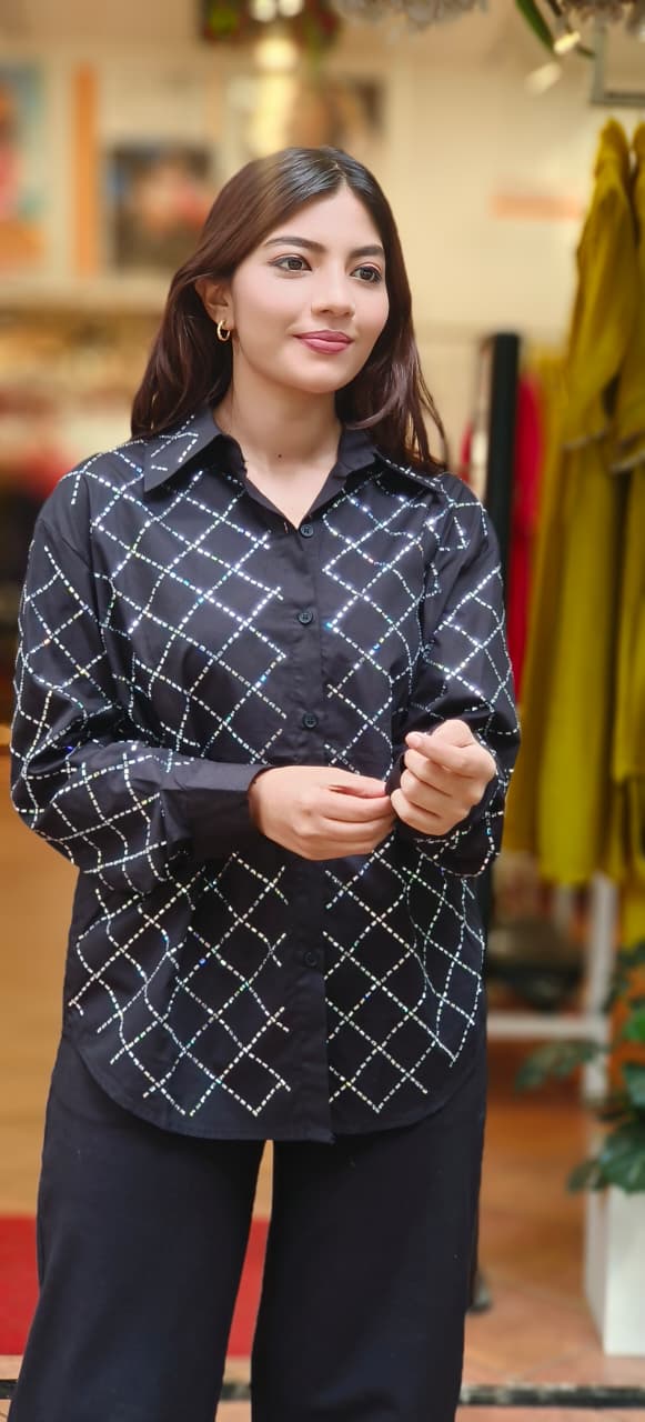 Crystal Zig-Zag Solid Collared Shirt