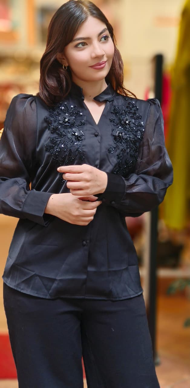 Popped Flower With Beads & Crystal Mandarin Collar Shirt