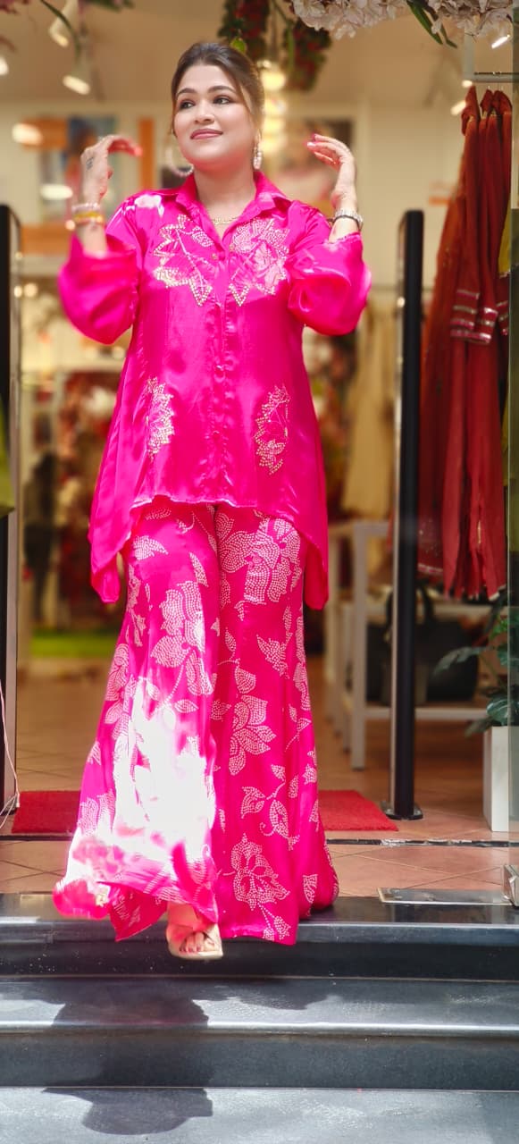 Zehra Pink Embellished Co-ord With Collared High-Low Kurta & Tapered Palazzo Bottom In Gajji Silk Fabric-10839