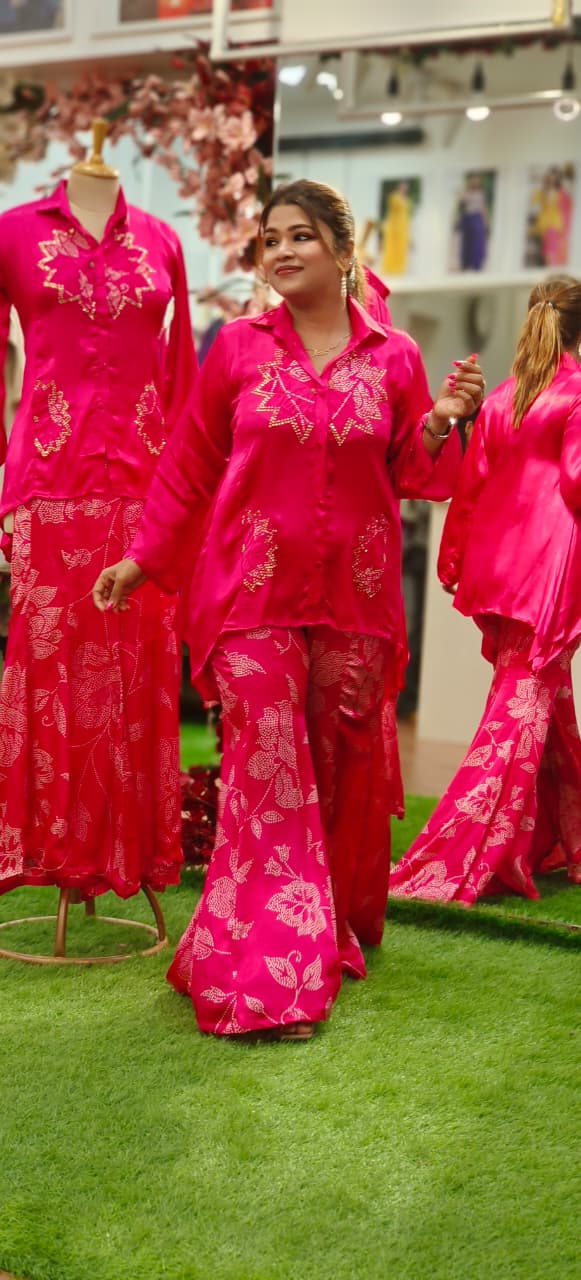 Zehra Pink Embellished Co-ord With Collared High-Low Kurta & Tapered Palazzo Bottom In Gajji Silk Fabric-10839