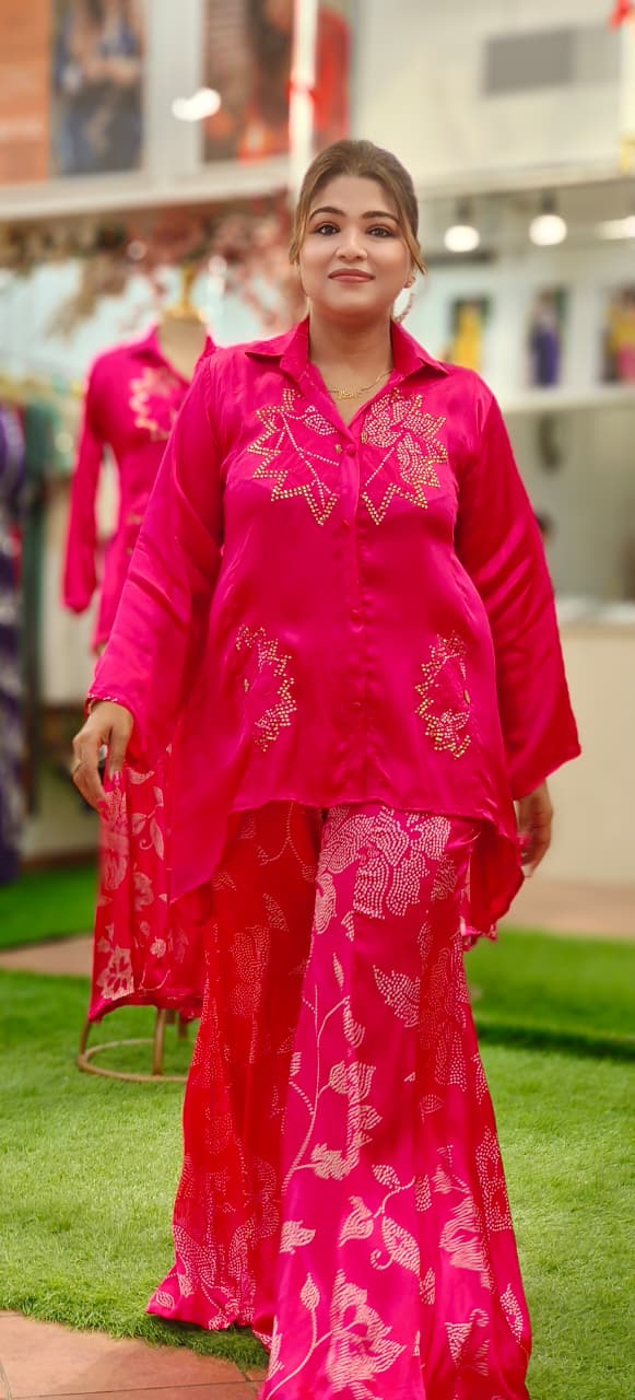 Zehra Pink Embellished Co-ord With Collared High-Low Kurta & Tapered Palazzo Bottom In Gajji Silk Fabric-10839
