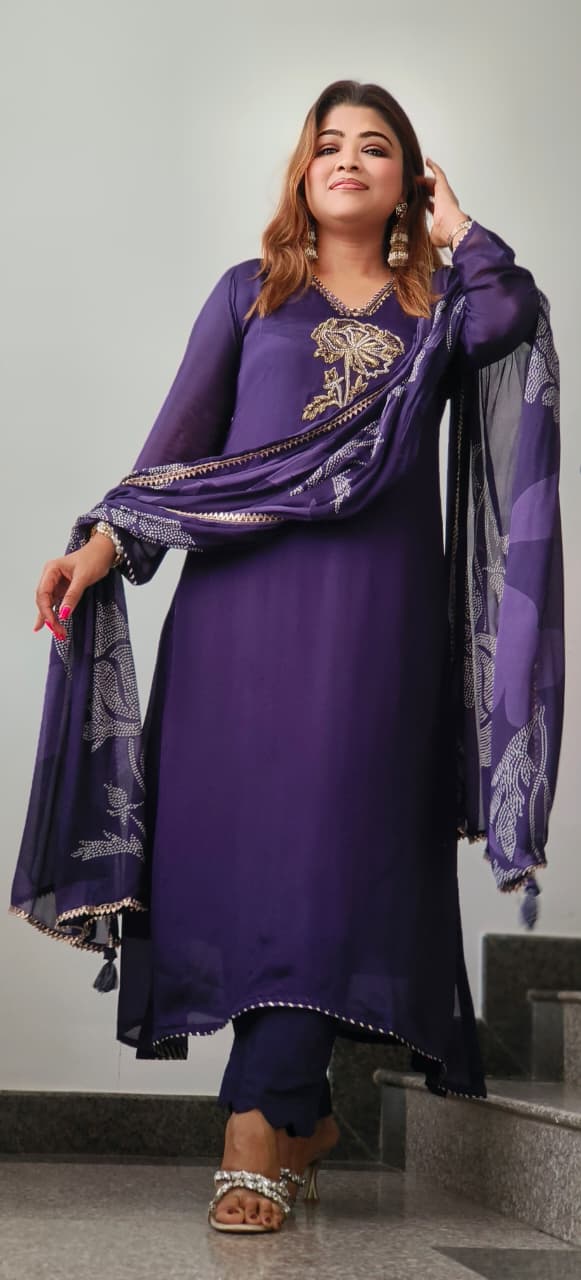 Flower Embroidered Handwork Crepe Full Suit With Dupatta- 10896