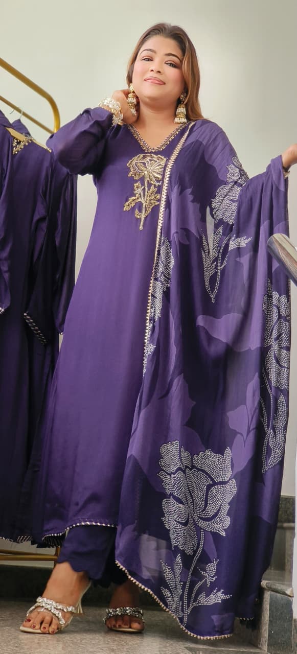Flower Embroidered Handwork Crepe Full Suit With Dupatta- 10896