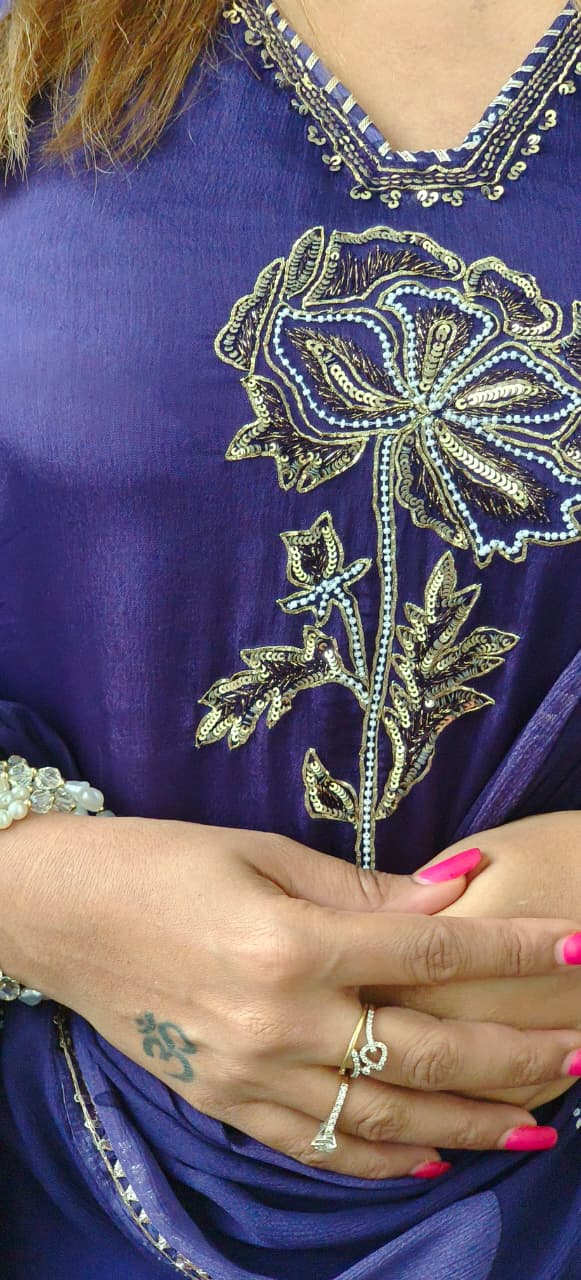 Flower Embroidered Handwork Crepe Full Suit With Dupatta- 10896