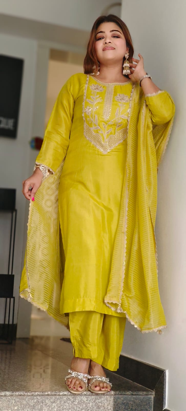 Radiant Mustard Beautiful Yoke Zardosi Work Russian Silk Full Suit Set With Tissue Dupatta-10897