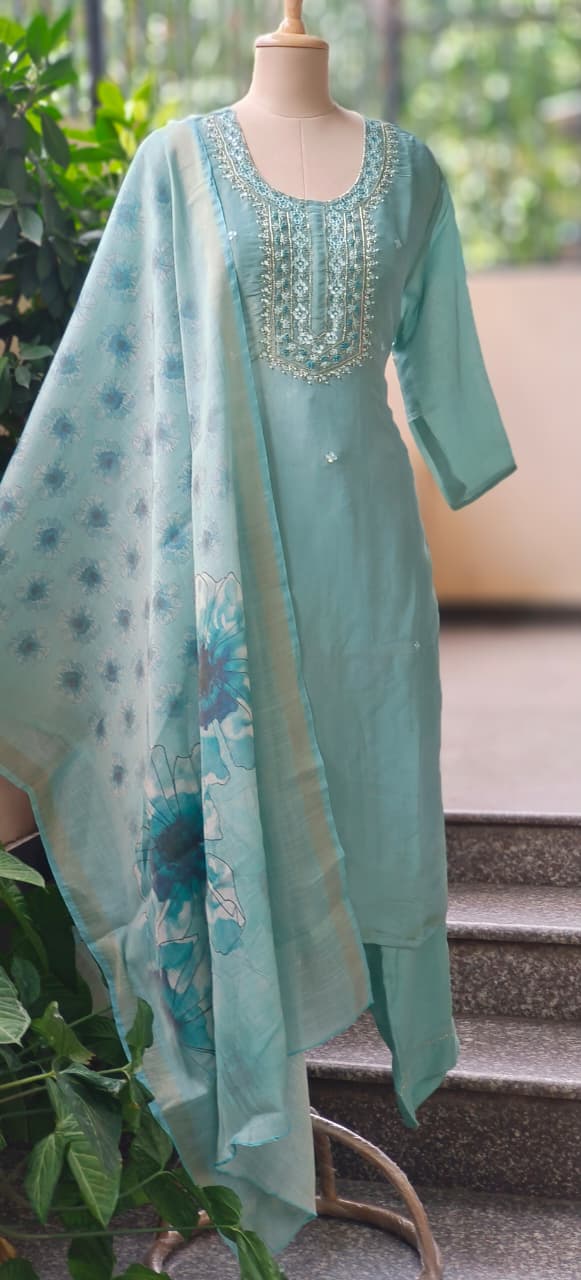 Thread & Mirror Work Embroidery Tissue Full Suit Set With Floral Printed Dupatta- 10981