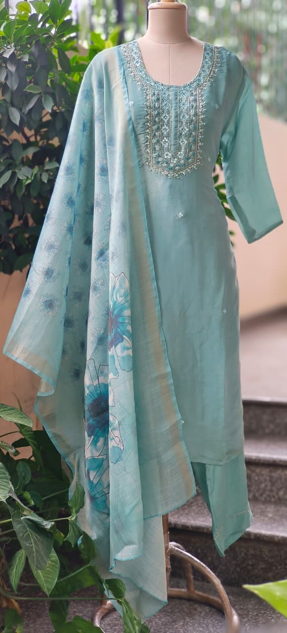 Thread & Mirror Work Embroidery Tissue Full Suit Set With Floral Printed Dupatta- 10981