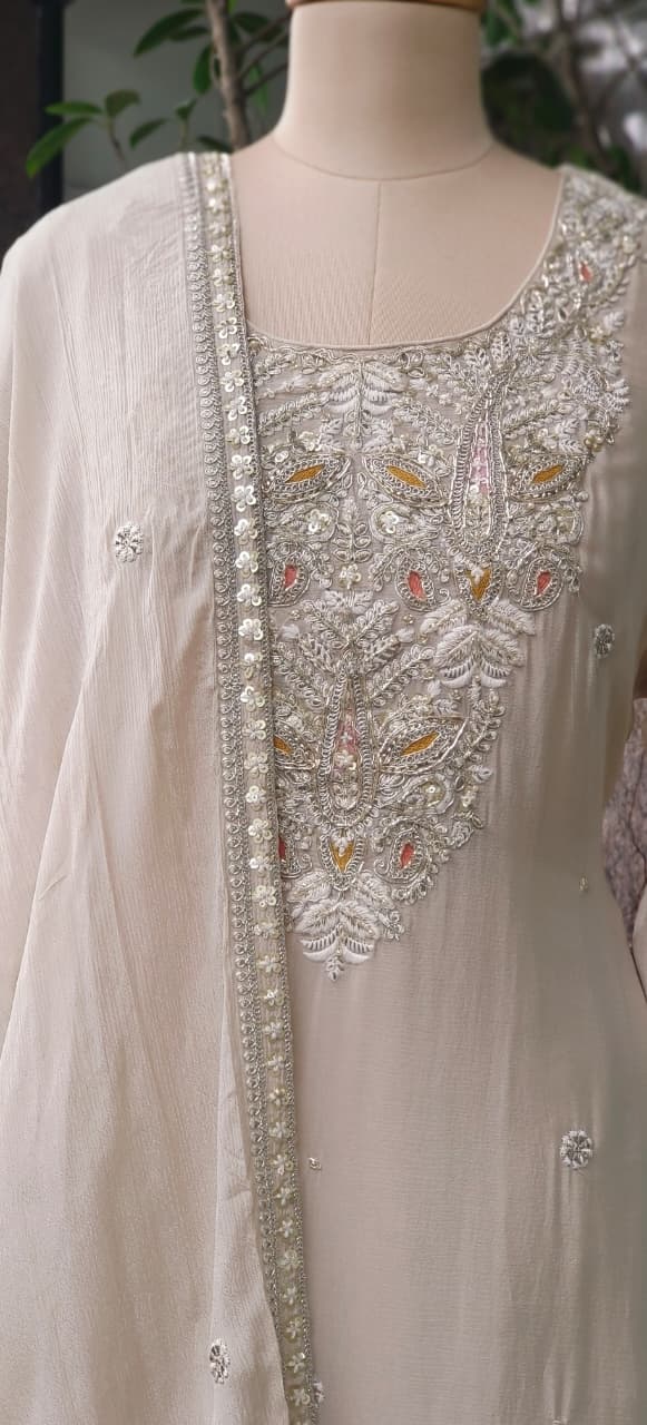Elegant Soft Handwork Full Suit Set With Dupatta & Embroidered Panel Palazzo Bottom In Chinon Fabric-11010