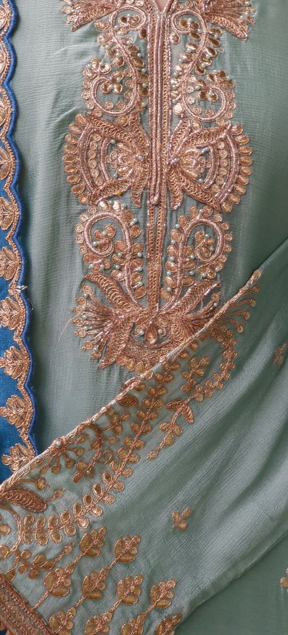 Sunheri Handwork Chinon Full Suit Set With Dupatta & Heavily Worked Panel Skirt Bottom In Dual Shade- 11009