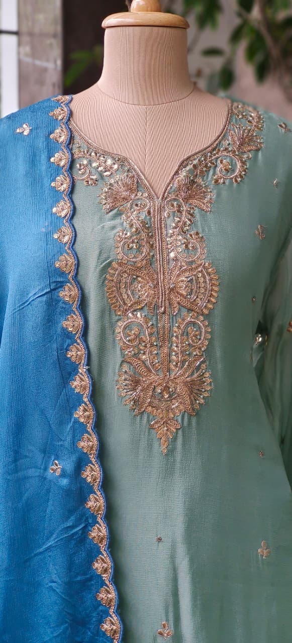 Sunheri Handwork Chinon Full Suit Set With Dupatta & Heavily Worked Panel Skirt Bottom In Dual Shade- 11009