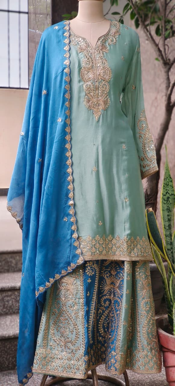 Sunheri Handwork Chinon Full Suit Set With Dupatta & Heavily Worked Panel Skirt Bottom In Dual Shade- 11009