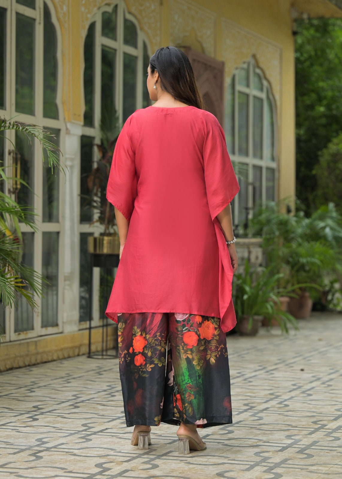 Indo-Western Look Tassel Hang V-Neck Solid Outer With Buster & Floral Printed Pants- 10965
