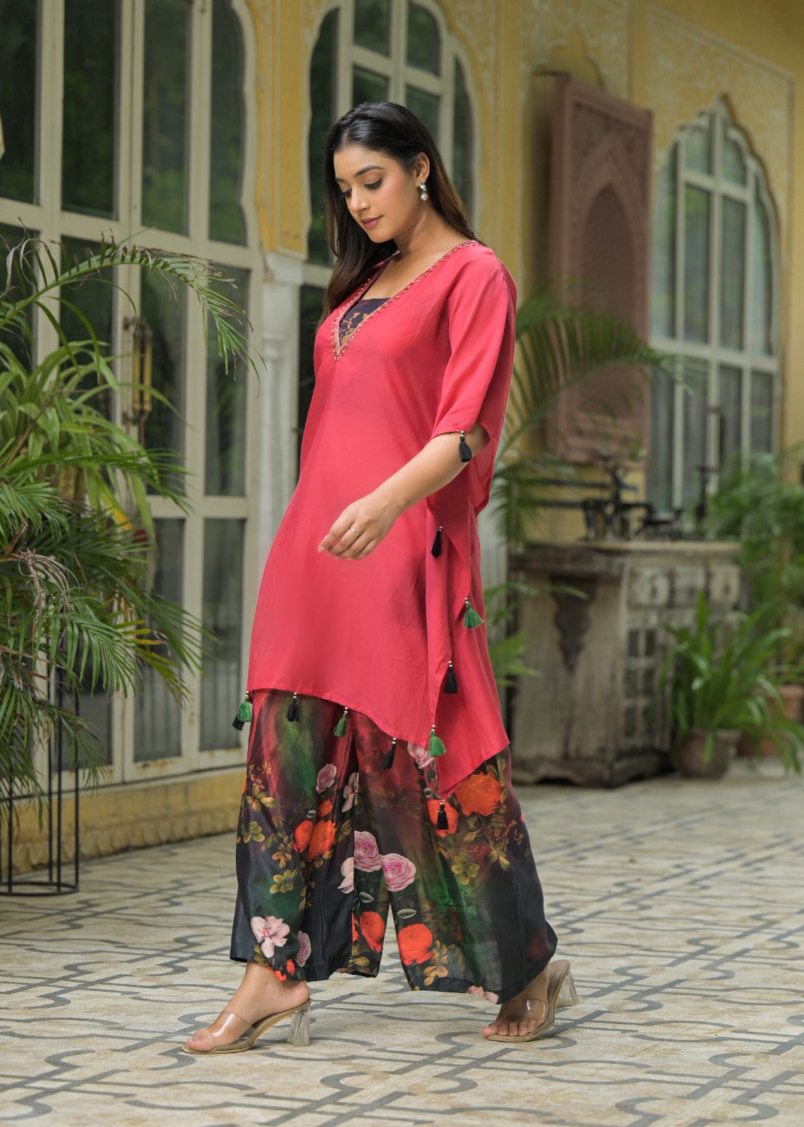 Indo-Western Look Tassel Hang V-Neck Solid Outer With Buster & Floral Printed Pants- 10965