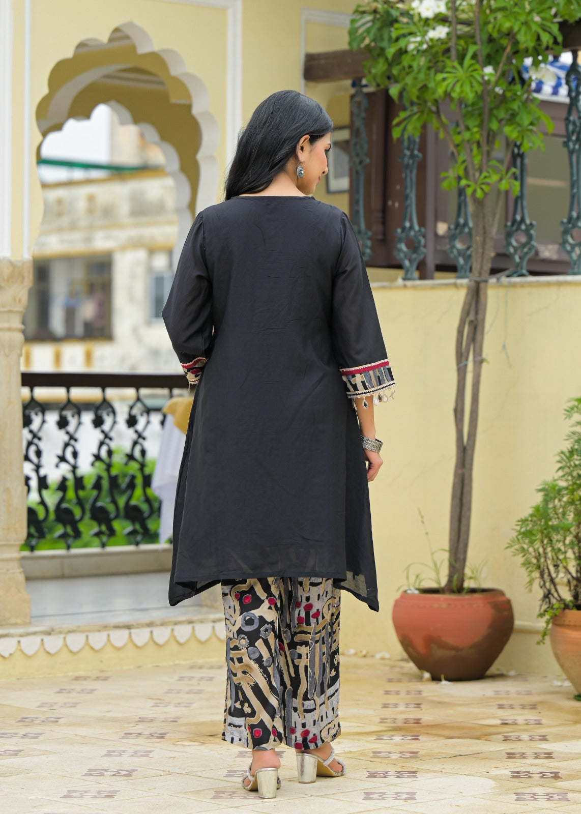 Boho V-Neck A-Line Kurta With Printed Pant- 10968