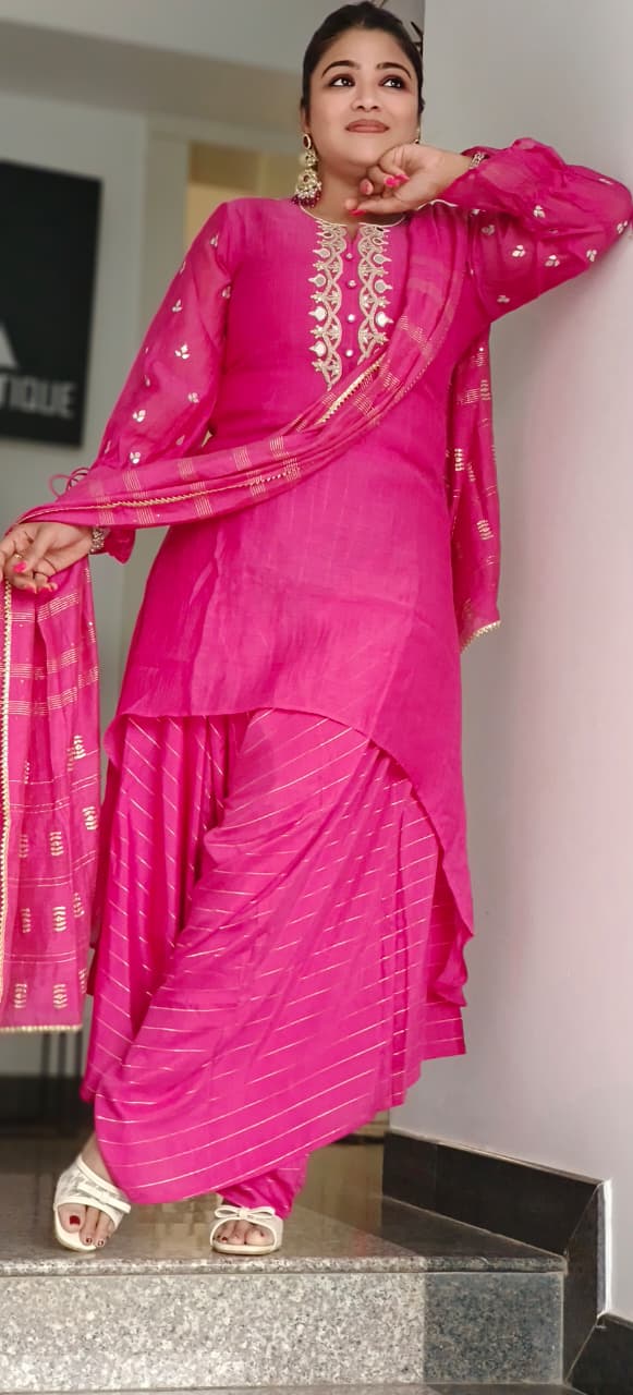 Pink Noor Real Mirror & Gotta Patti Work Short Kurta With Flared Harem Pant & Dupatta In Mul Chanderi Fabric- 11031
