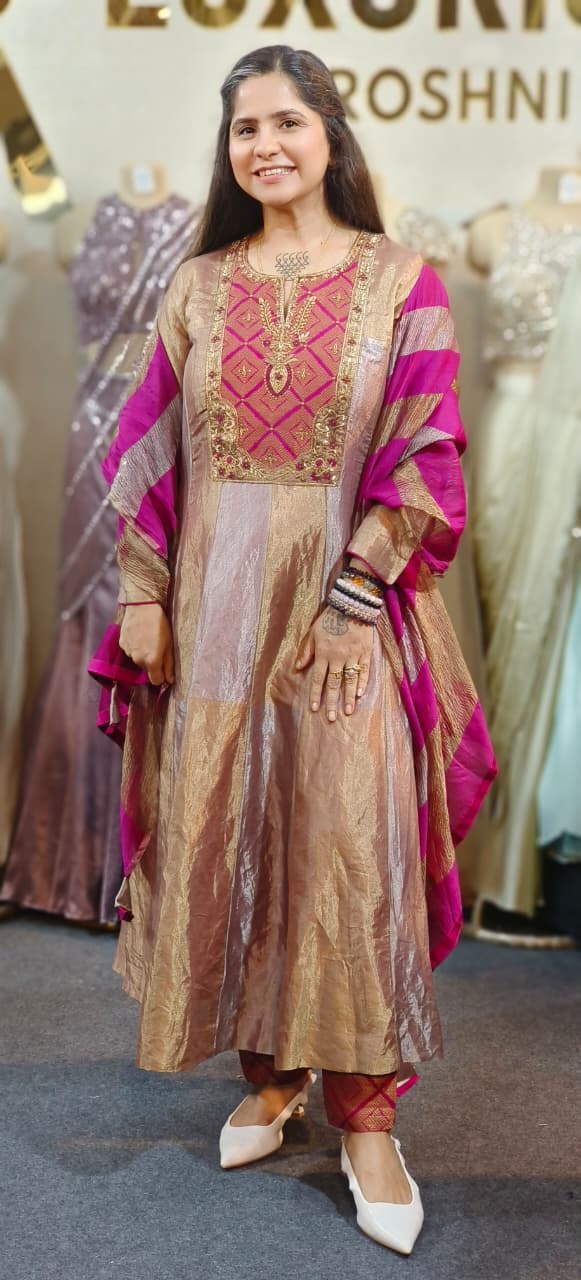 Fuchsia Pink Embroidery Golden Shimmer Anarkali Full Suit With Striped Dual Tone Dupatta In Pure Tissue Fabric (Dispatching After 25 Days On Orders)