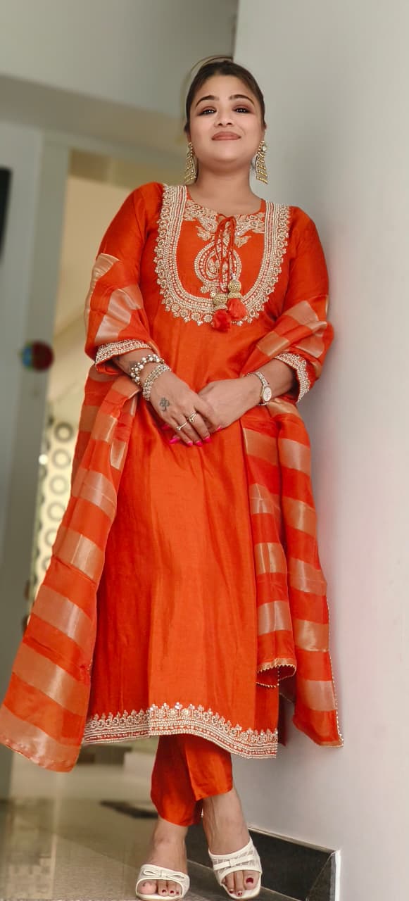 Luxe Zari Embroidered Ethnic Full Suit Set With Striped In Silk Fabric- 11125,26,27