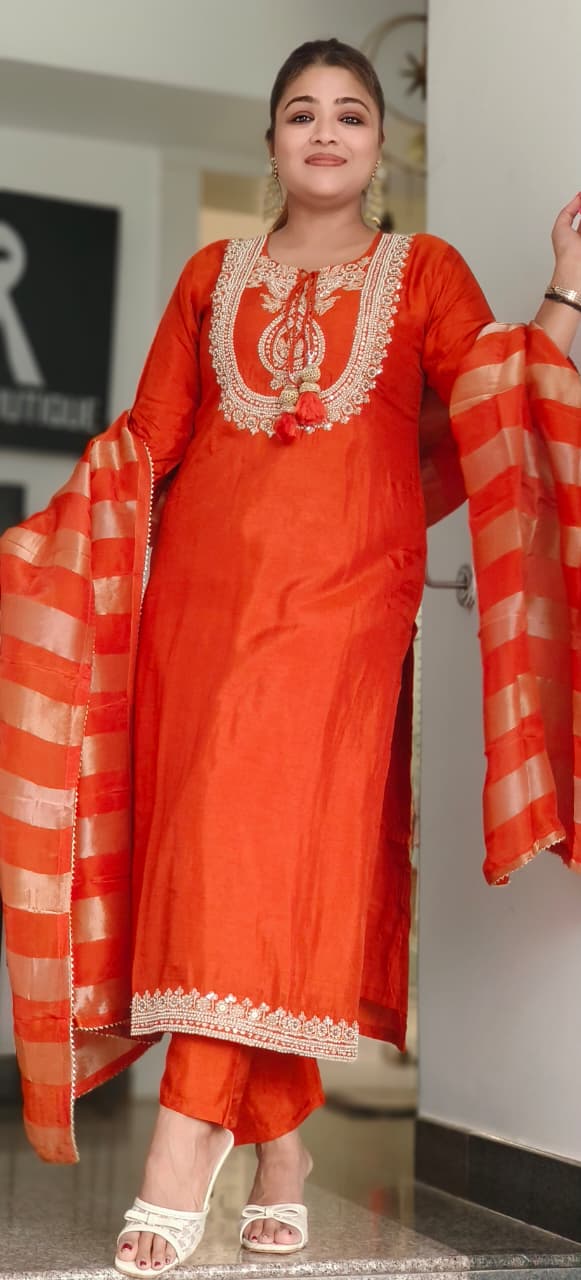 Luxe Zari Embroidered Ethnic Full Suit Set With Striped In Silk Fabric- 11125,26,27