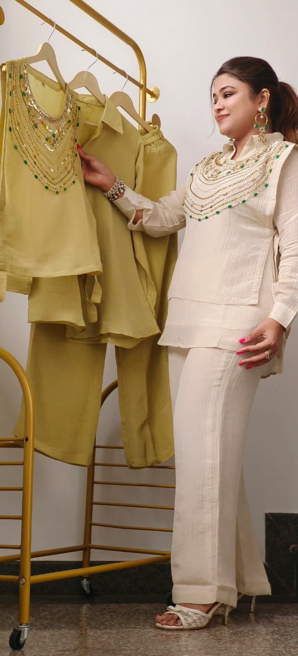 Ethereal Pearl Glow Ivory Indo-Western Designer Kurta Pant With Inner Inside In Crush Tissue Fabric-11107,11102