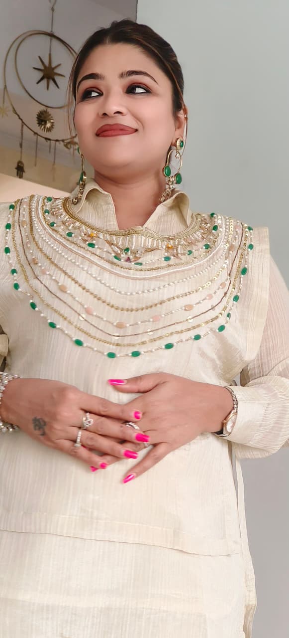Ethereal Pearl Glow Ivory Indo-Western Designer Kurta Pant With Inner Inside In Crush Tissue Fabric-11107,11102