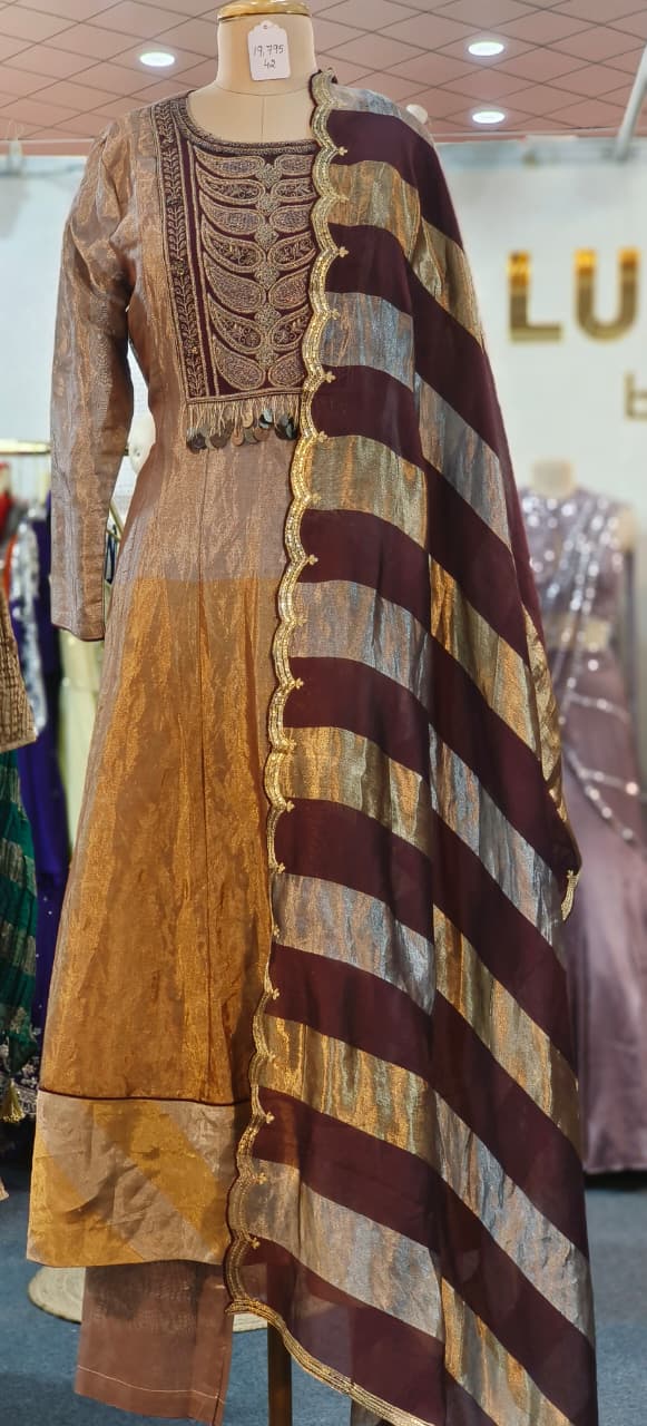 Royal Zardosi Charm Embellished Foil Hang Anarkali Full Suit Set With Dupatta In Tissue Fabric- 11073