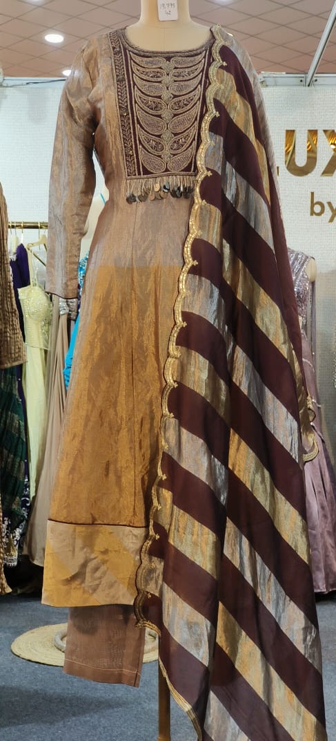 Royal Zardosi Charm Embellished Foil Hang Anarkali Full Suit Set With Dupatta In Tissue Fabric- 11073