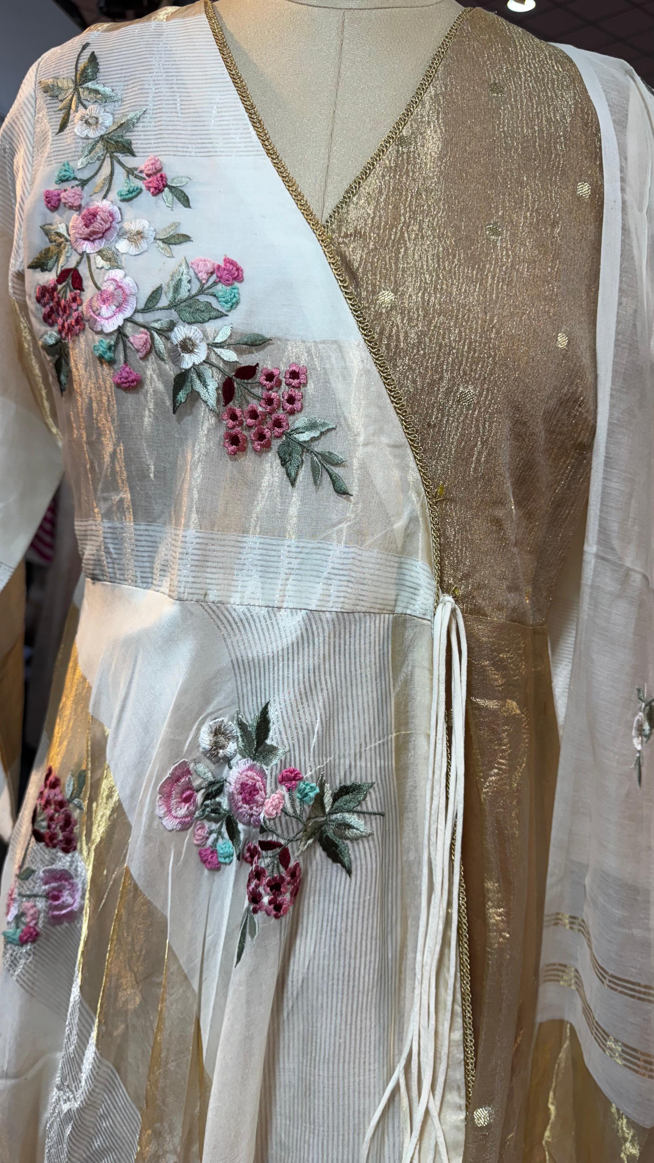 Floral Ressam Embroidered Ethereal Glow Angrakha Pattern Anarkali Full Suit Set With Dupatta In Pure Tissue Fabric- 11089