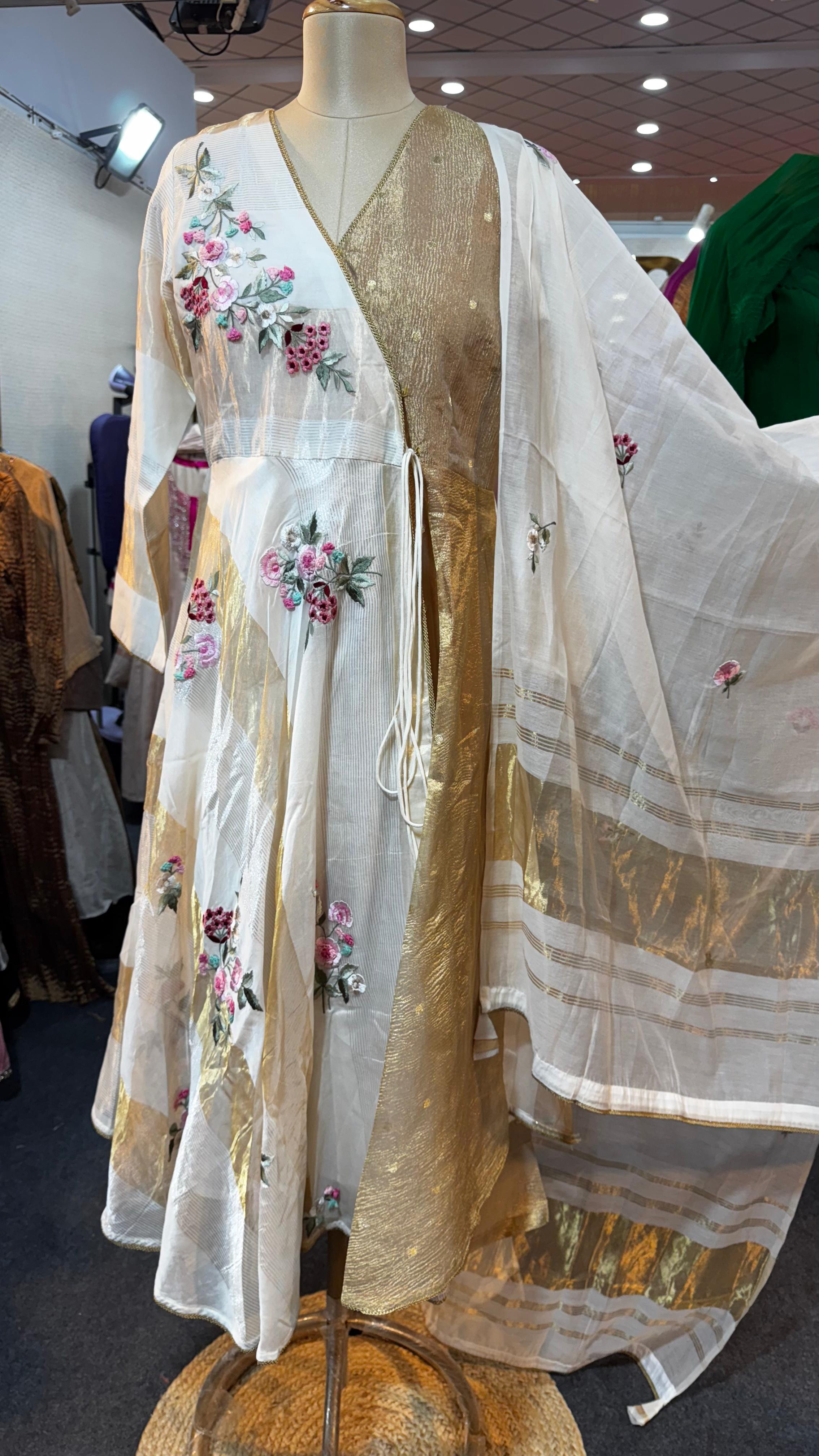 Floral Ressam Embroidered Ethereal Glow Angrakha Pattern Anarkali Full Suit Set With Dupatta In Pure Tissue Fabric- 11089